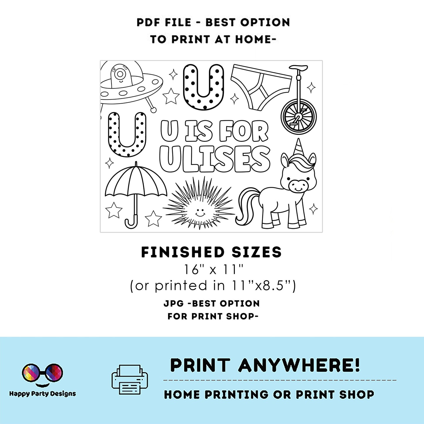 Editable name coloring page | U is for | personalized name alphabet placemat | Teacher material | Printable Preschool #SCH3
