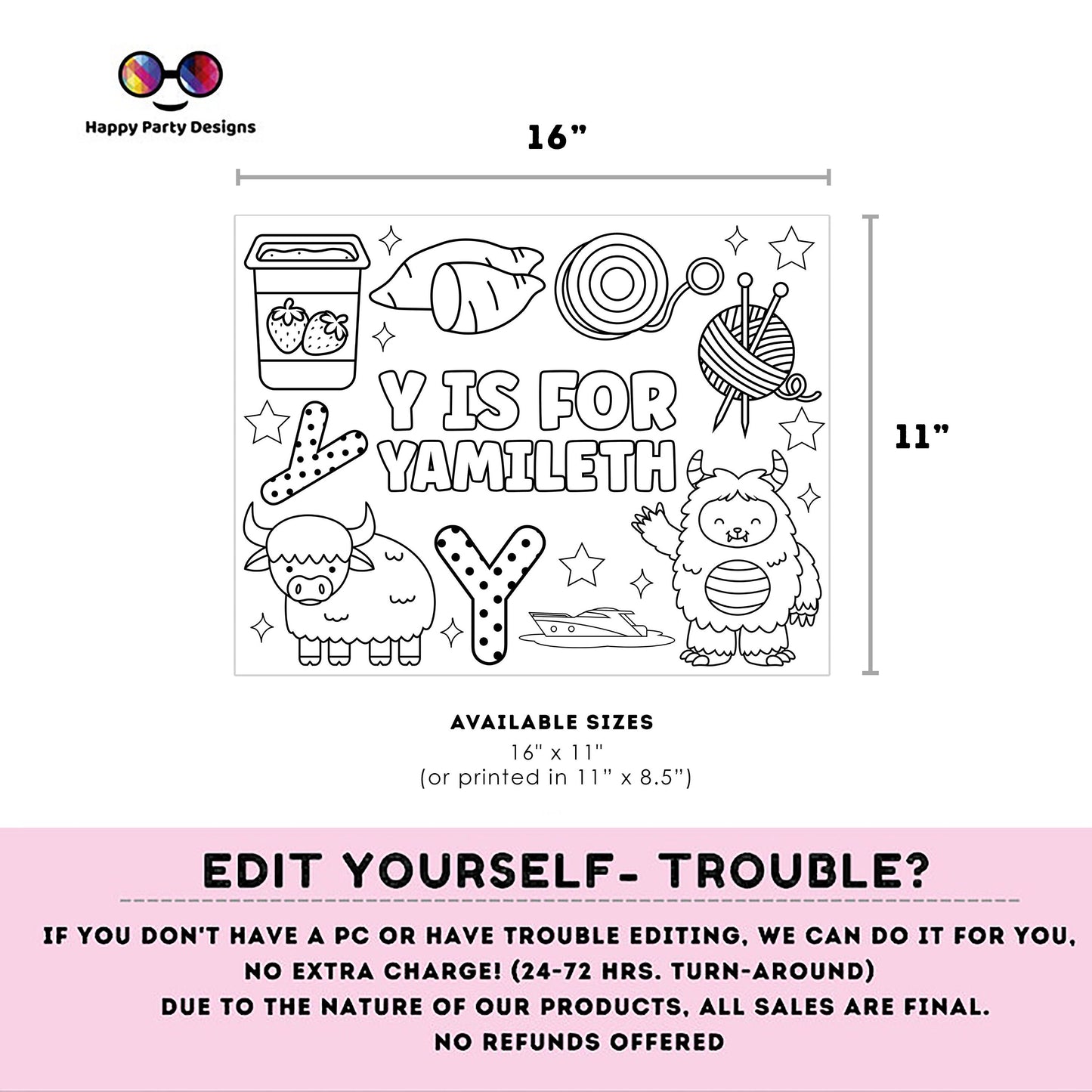 Editable name coloring page | Y is for | personalized name alphabet placemat | Teacher material | Printable Preschool #SCH3