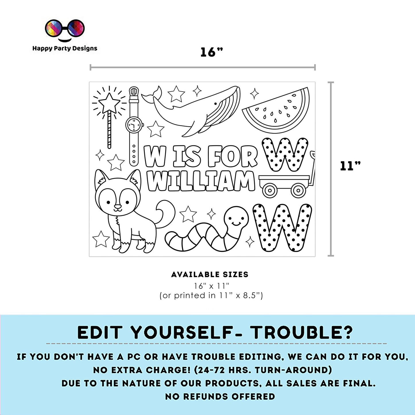 Editable name coloring page | W is for | personalized name alphabet placemat | Teacher material | Printable Preschool #SCH3