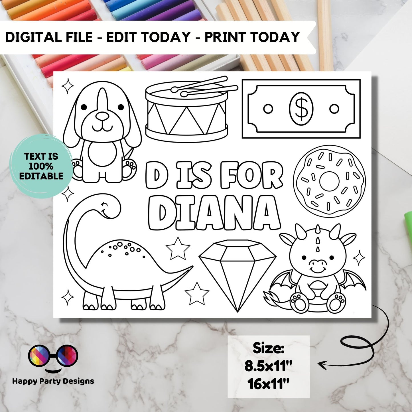Editable name coloring page | D is for | personalized name alphabet placemat | Teacher material | Printable Preschool #SCH3