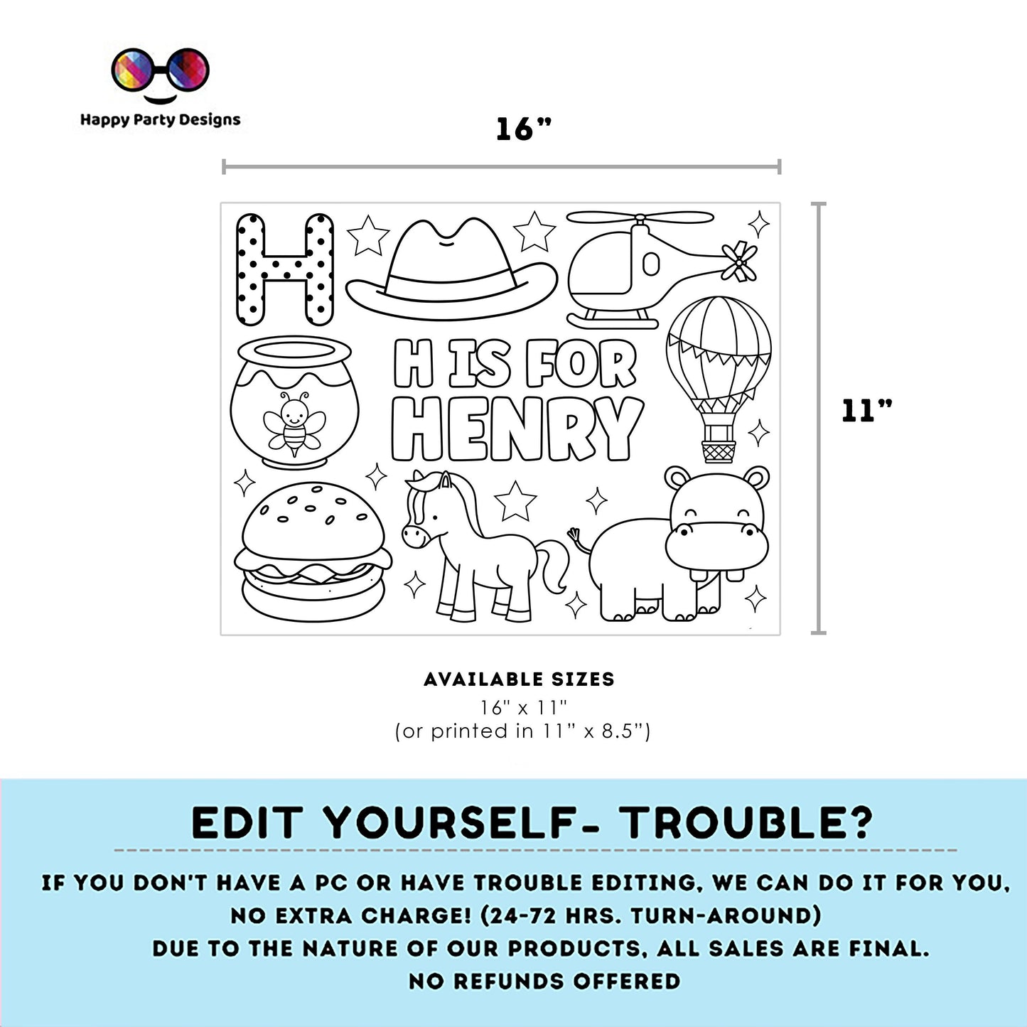 Editable name coloring page | H is for | personalized name alphabet placemat | Teacher material | Printable Preschool #SCH3