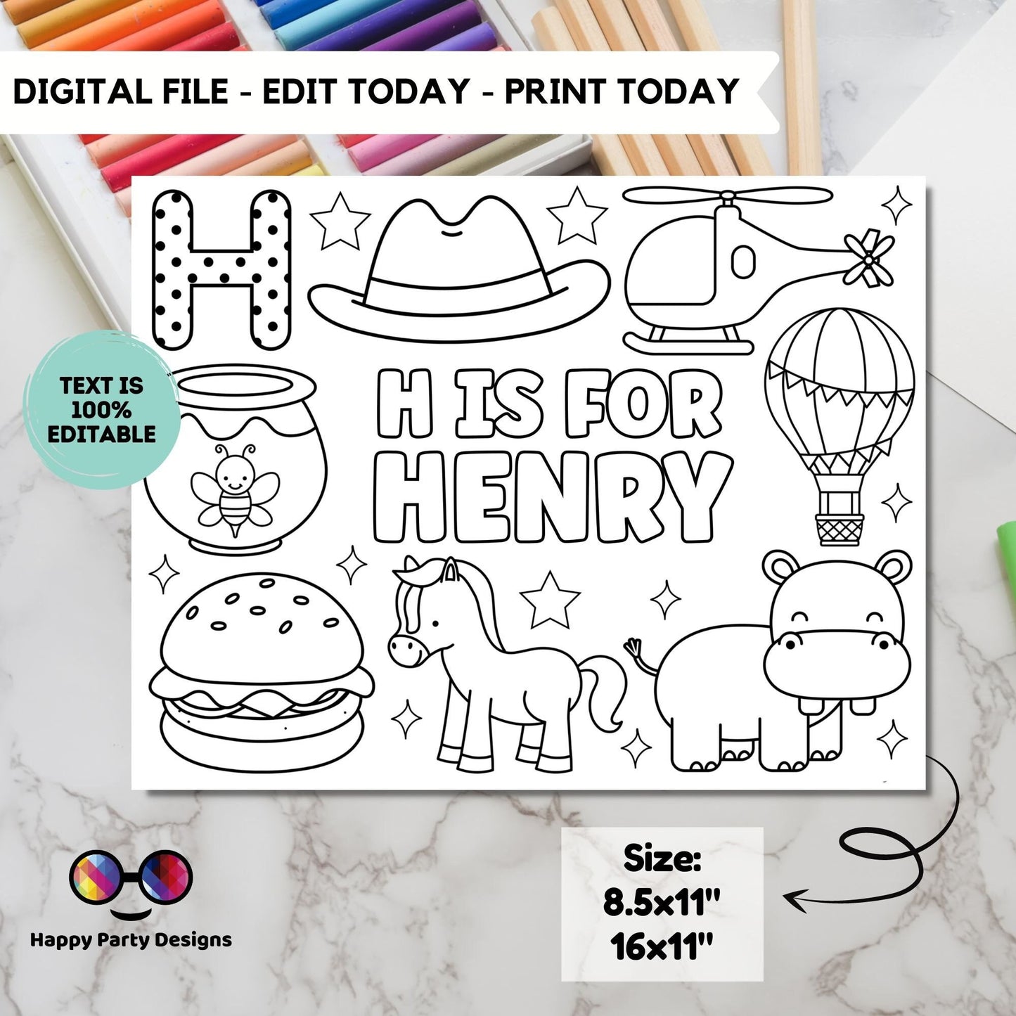 Editable name coloring page | H is for | personalized name alphabet placemat | Teacher material | Printable Preschool #SCH3
