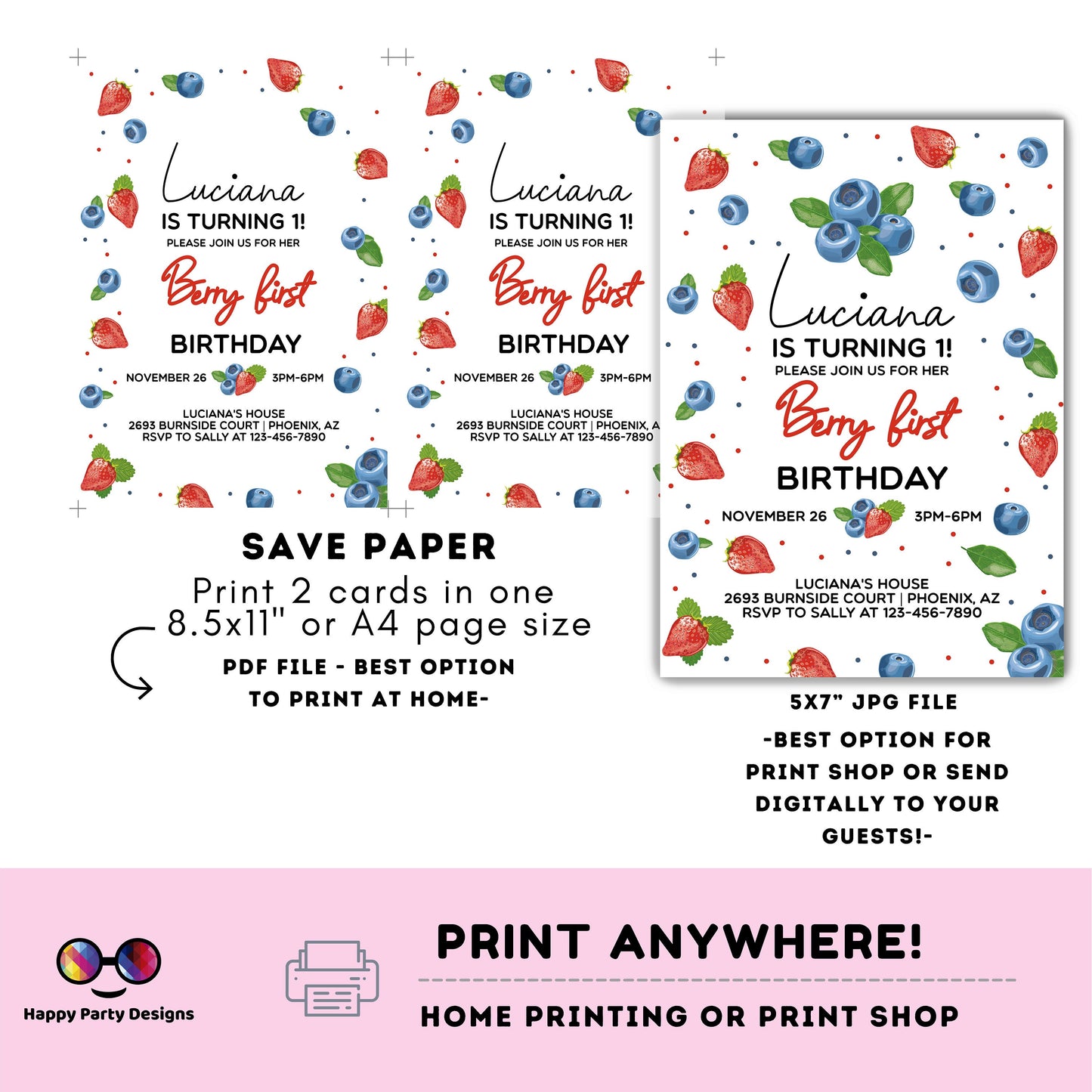Editable watercolor strawberry invitation | Digital Strawberry printable invite | Birthday girl | Berry first Invitation #K271
