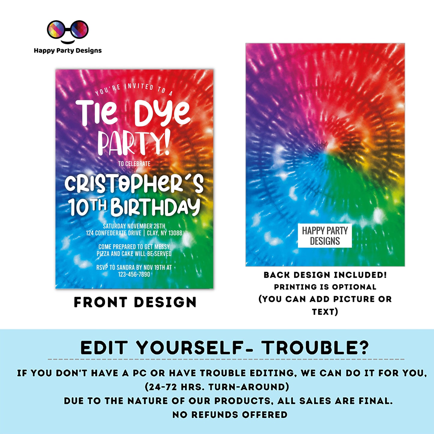 Editable Tie Dye Invitation Instant Download | colorful Tie Dye Birthday Invite | Editable Tie Dye Party Invite | Printable Tie-Dye #K228