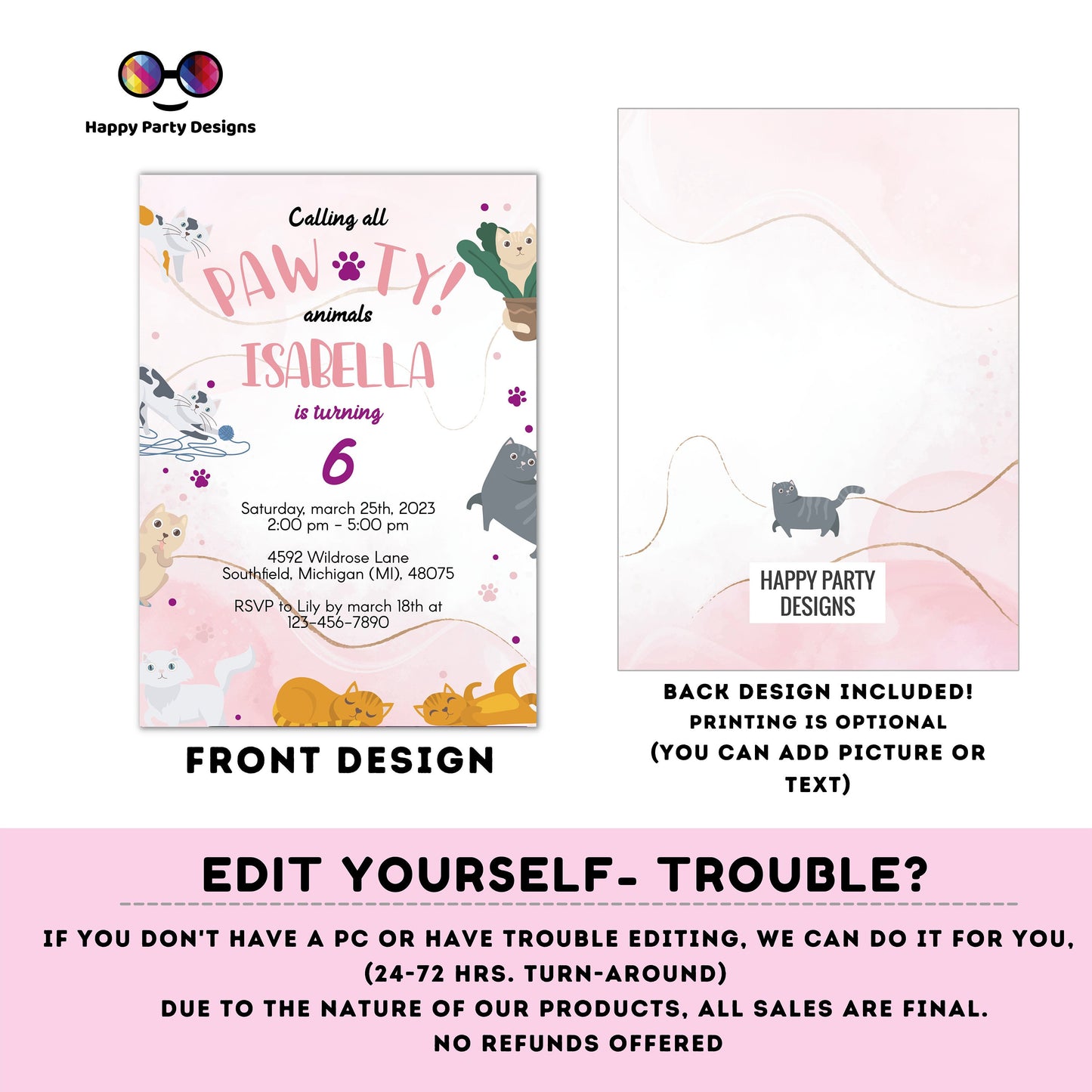 It's a Pawty Birthday | cats Invitation | Cat Birthday invitation | Pawty Birthday Invitation | digital invitation Personalize Online #K272