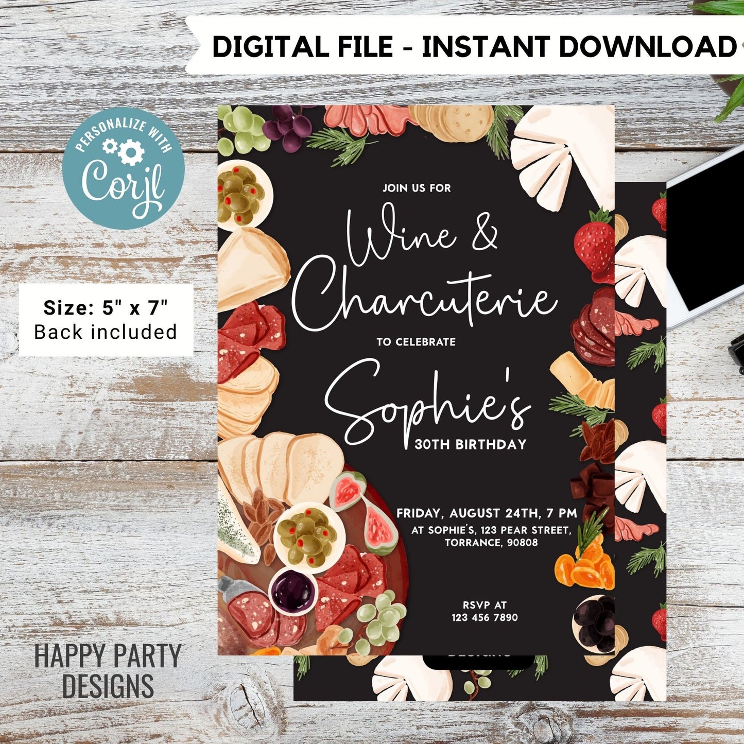 Wine and Charcuterie Party Invitation Template | Printable or send online Invite | Charcuterie invitation template | wine and ham #A53