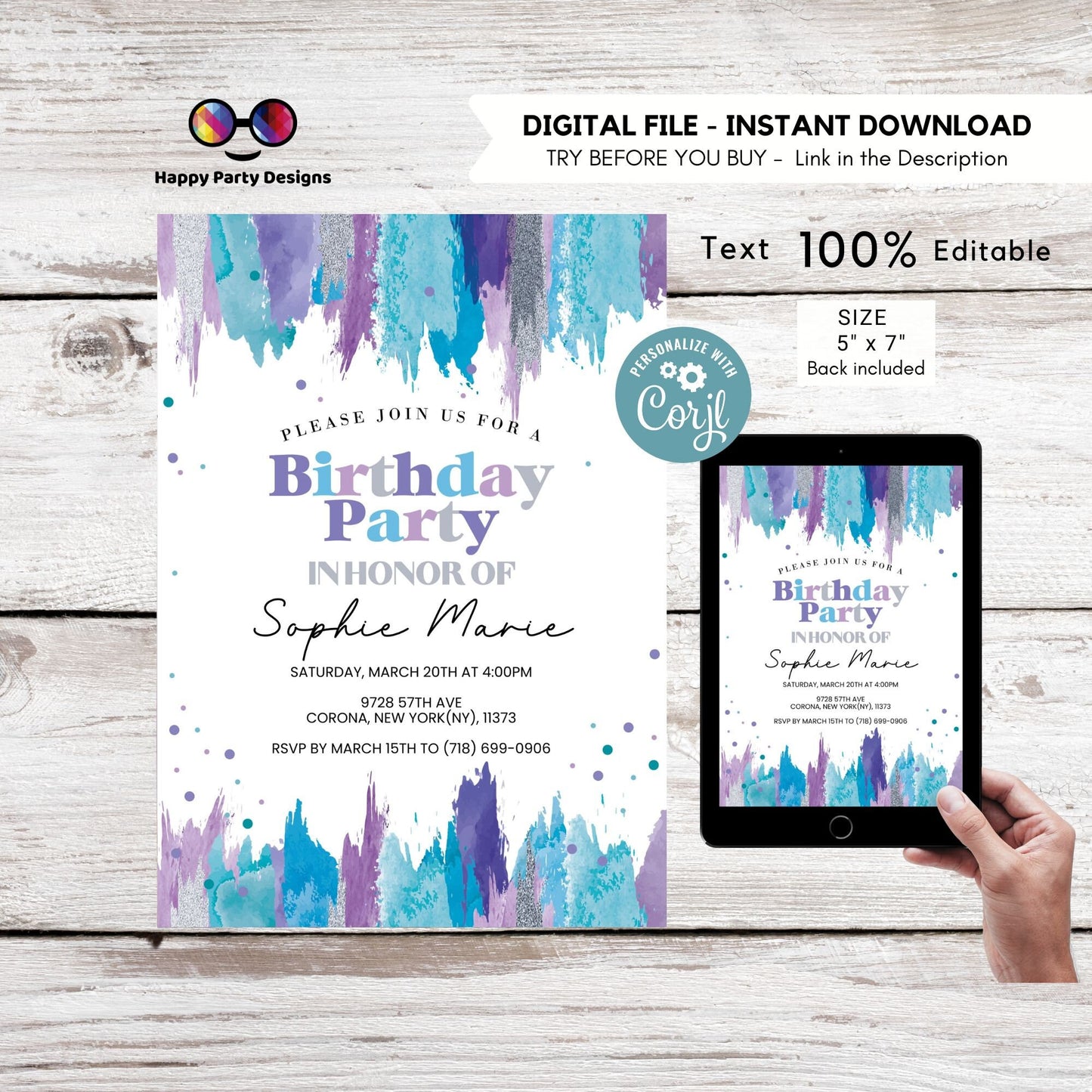 Editable Teal and purple Invitation Instant Download | teen Birthday Invitation | Editable confetti Party Invite | Printable #K273