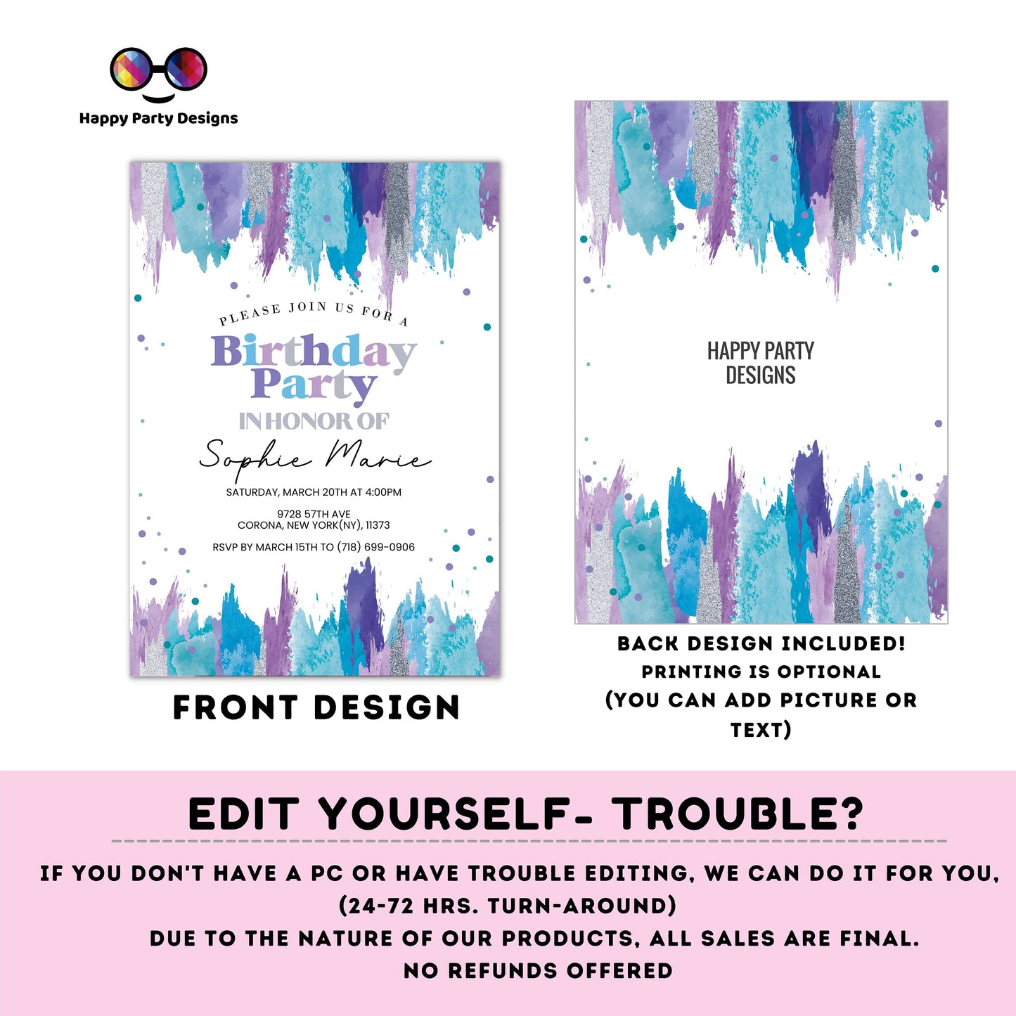 Editable Teal and purple Invitation Instant Download | teen Birthday Invitation | Editable confetti Party Invite | Printable #K273