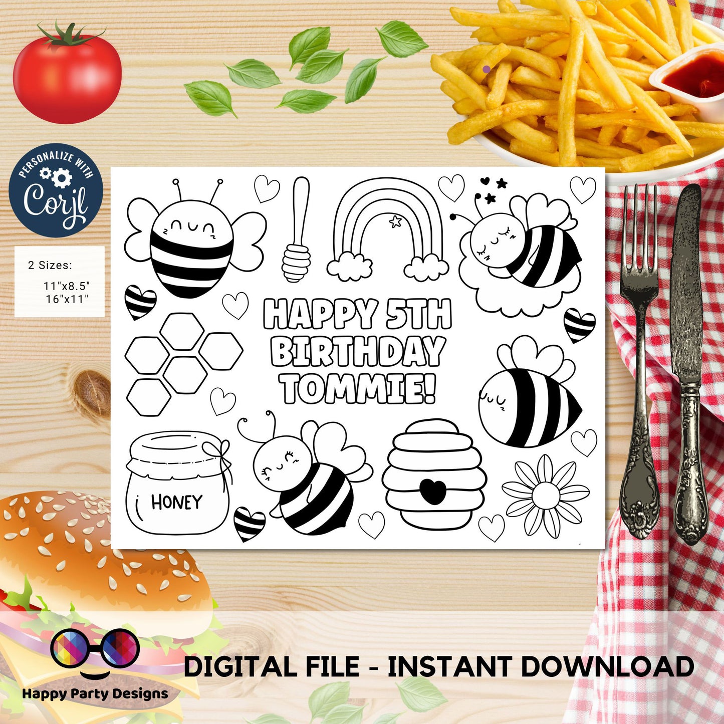 Editable bumble bee coloring page | Placemat coloring page | Any Age | Baby shower | Birthday activity | party placemat | Bumble bee
