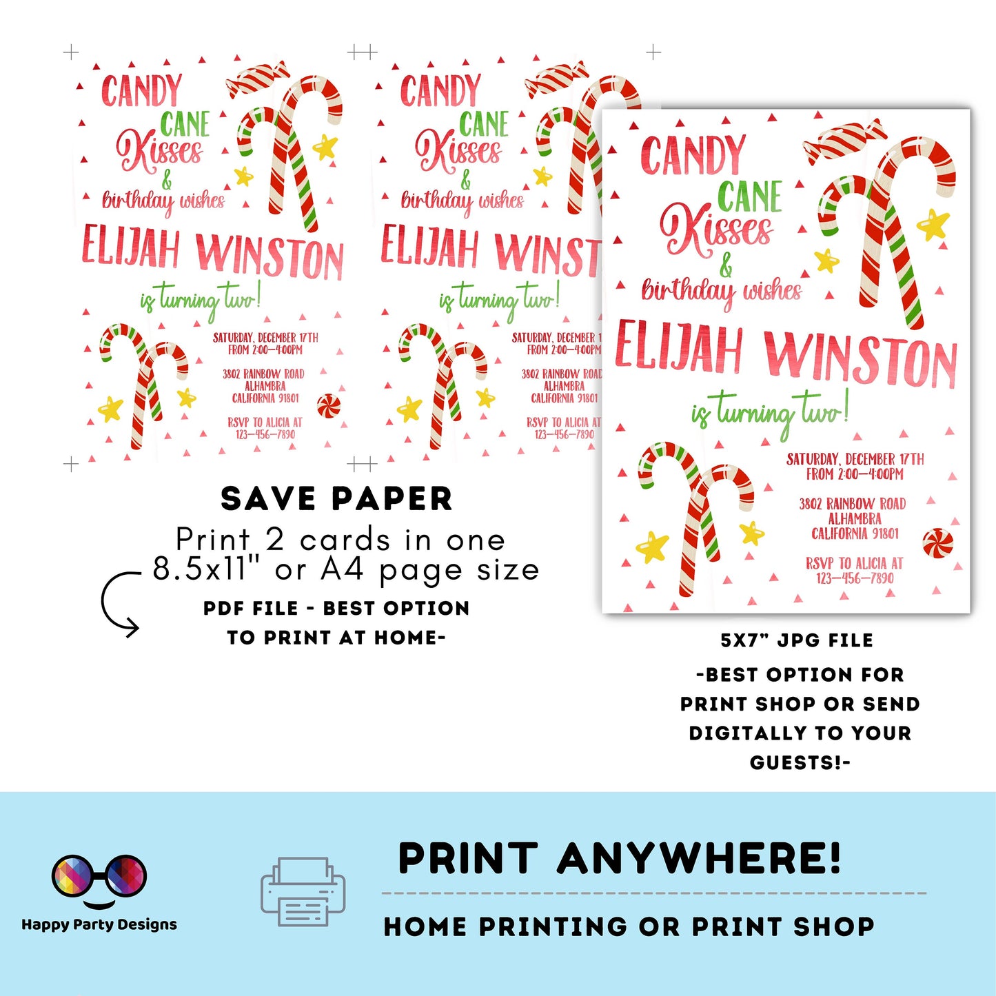 Candy Cane Christmas Birthday party Invitation | Christmas Birthday printable invite | Holiday Birthday Party Invitation | Sweets #K267