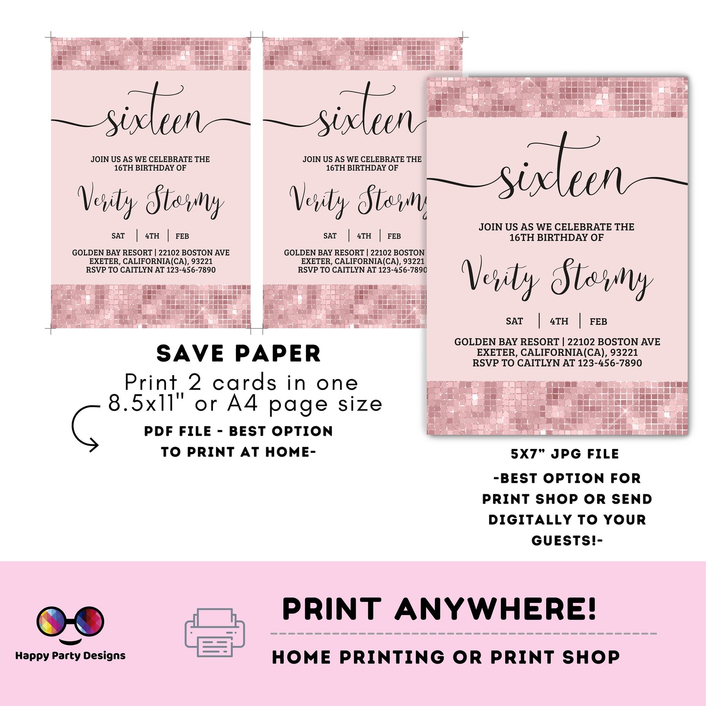 Editable Sweet Sixteen Invitation | Rose Gold Glitter Birthday Invitation | 16th Birthday | Glittery Girl Birthday | Blush Pink #K274