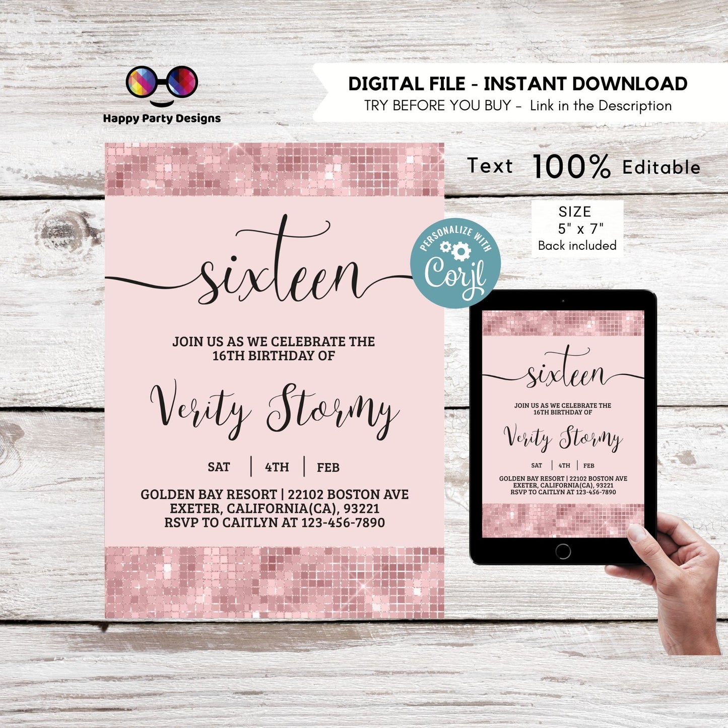 Editable Sweet Sixteen Invitation | Rose Gold Glitter Birthday Invitation | 16th Birthday | Glittery Girl Birthday | Blush Pink #K274