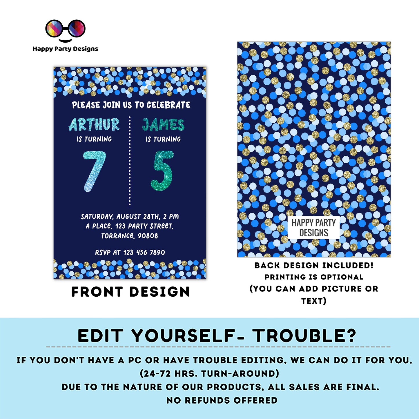 EDITABLE Sibling birthday invitations | any age! double birthday invitations | sibling party invitations | double party invitations #K198