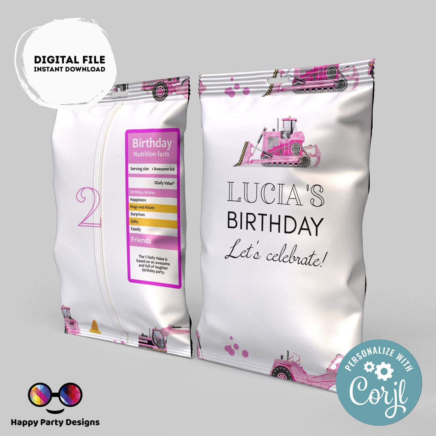Editable under construction Chip Bag | Digital trucks printable Chip Bag | Party Snack trucks birthday girl | Personalized Favors #K69