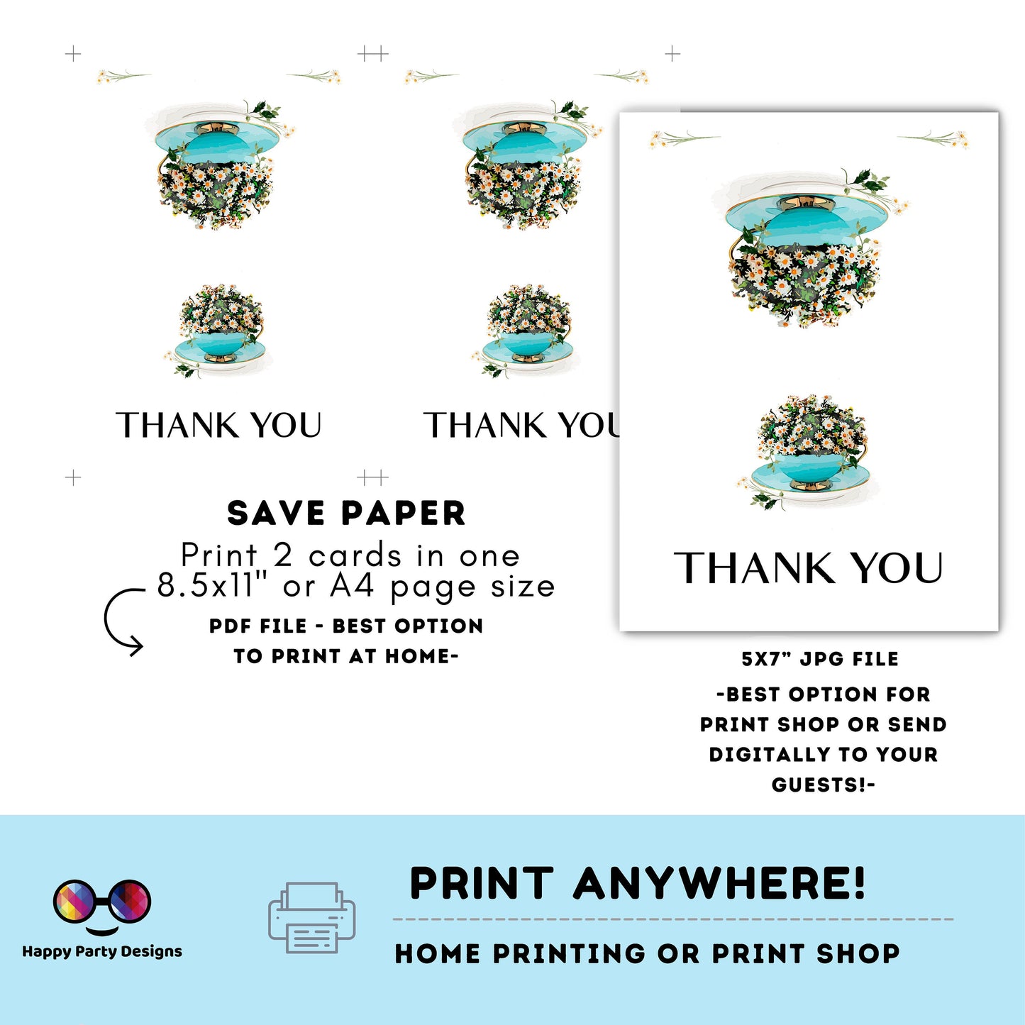 Printable Tea Thank You Card | Bridal Shower | Baby Shower | Folded Notes Blank Inside | Tea Party Thank You Card Template #W2