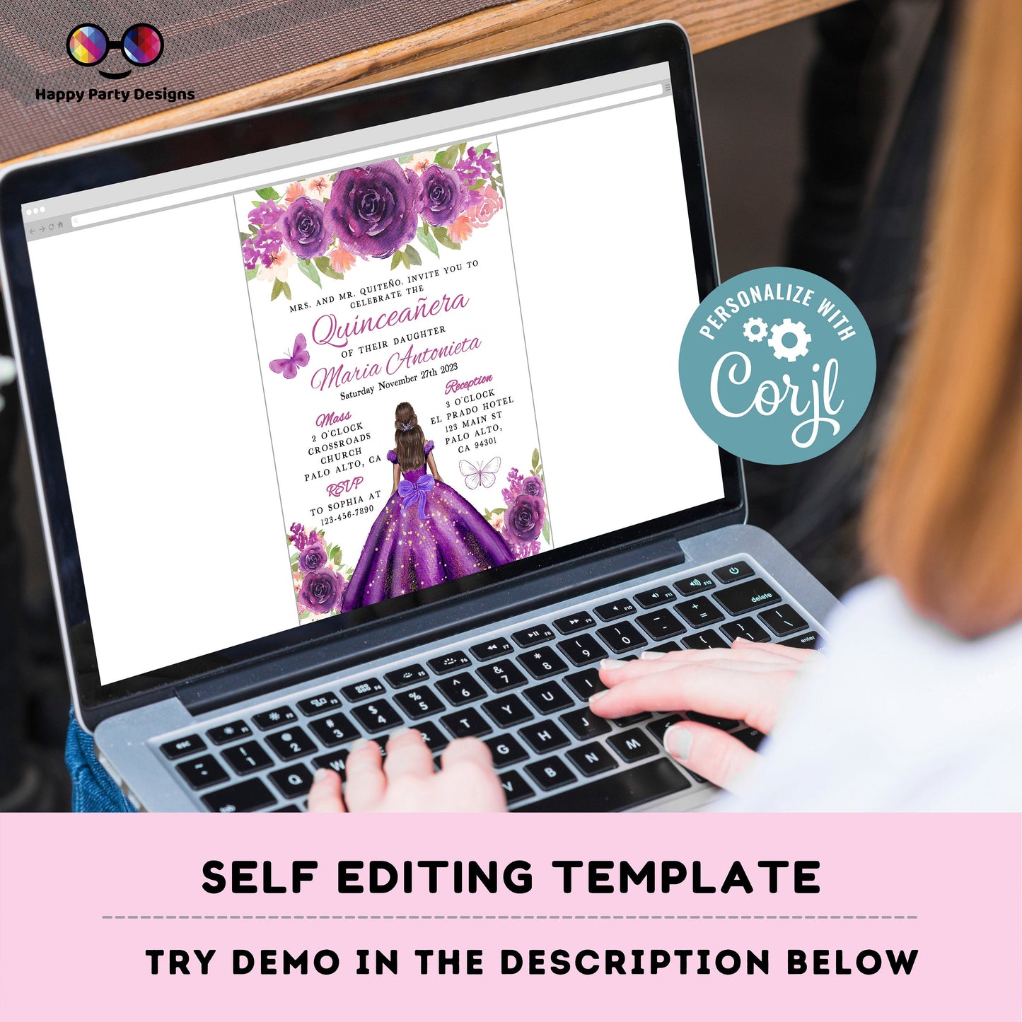 Editable PURPLE dress Quinceañera Invitation | TEMPLATE Mis Quince 15 | 16th Birthday Instant Download | Girl Birthday #K277