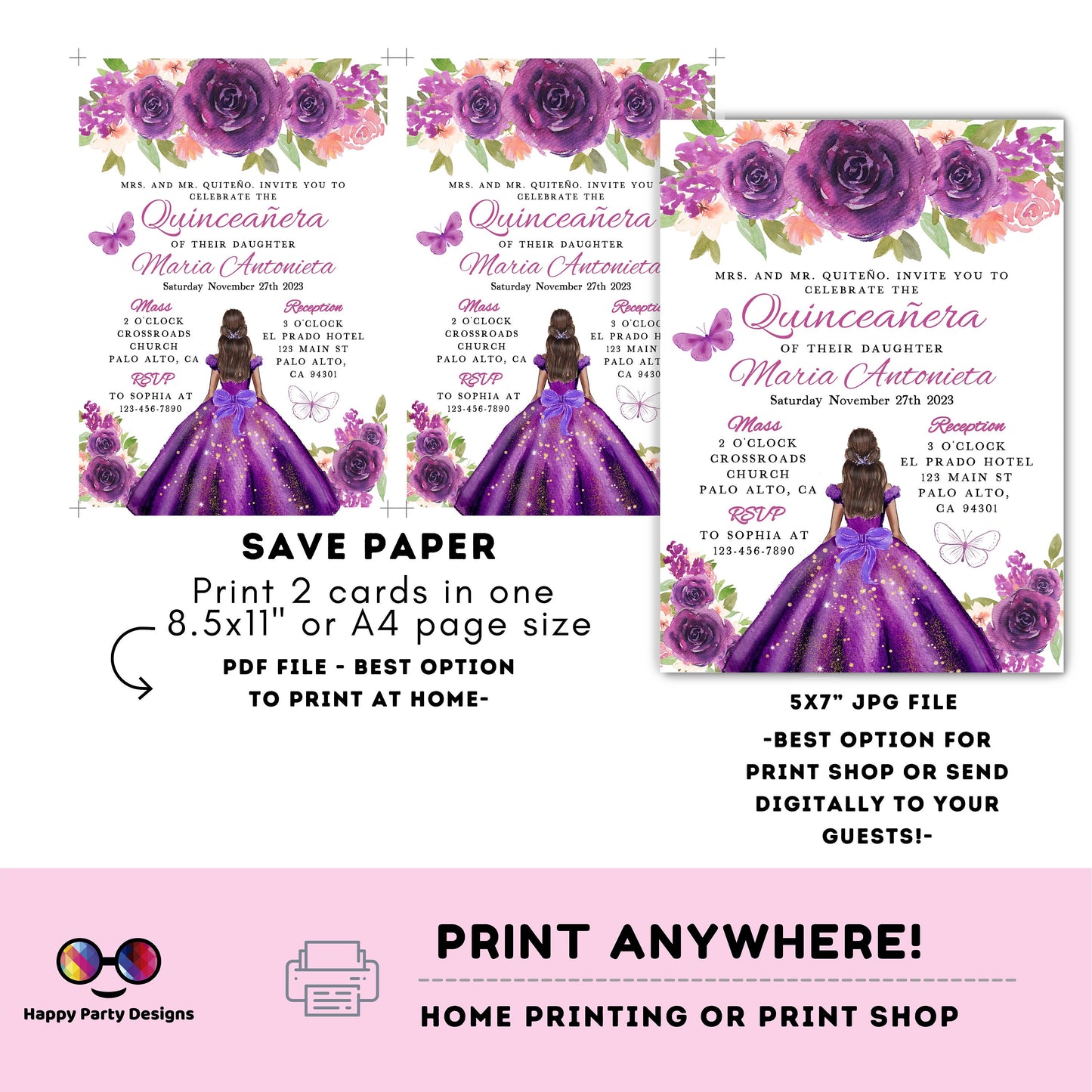 Editable PURPLE dress Quinceañera Invitation | TEMPLATE Mis Quince 15 | 16th Birthday Instant Download | Girl Birthday #K277