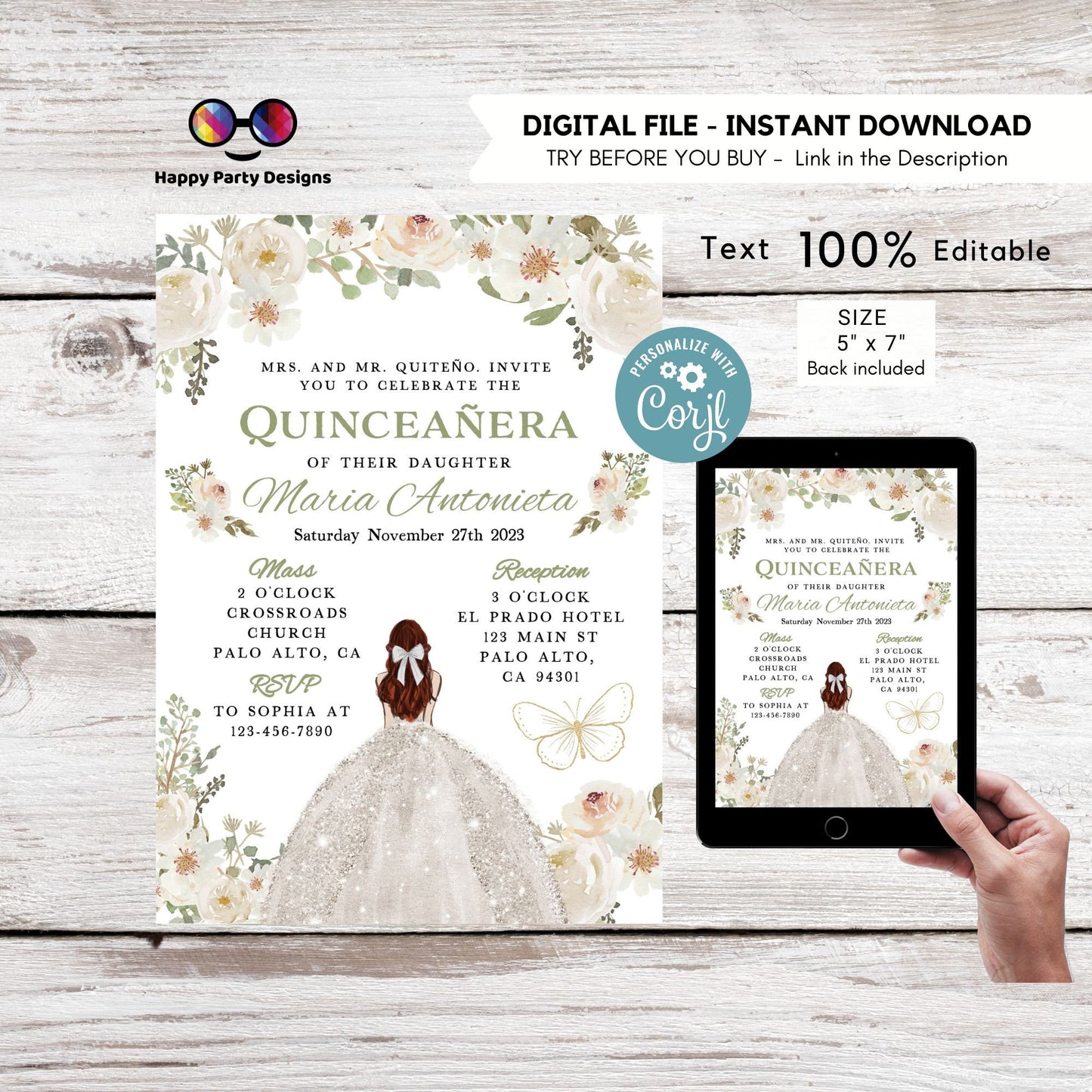 Editable SILVER WHITE dress Quinceañera Invitation | TEMPLATE Mis Quince 15 | 16th Birthday Instant Download | Girl Birthday #K278