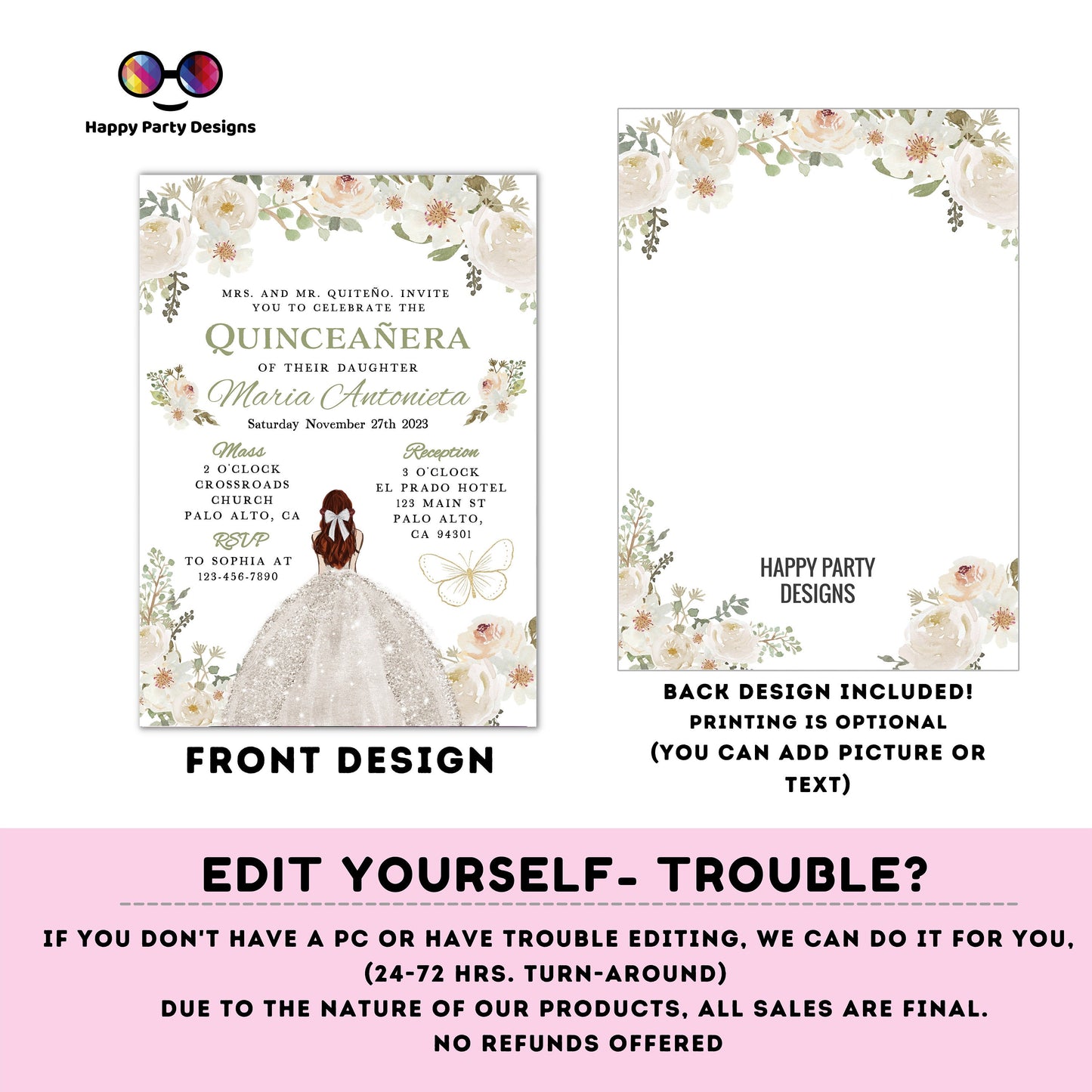 Editable SILVER WHITE dress Quinceañera Invitation | TEMPLATE Mis Quince 15 | 16th Birthday Instant Download | Girl Birthday #K278