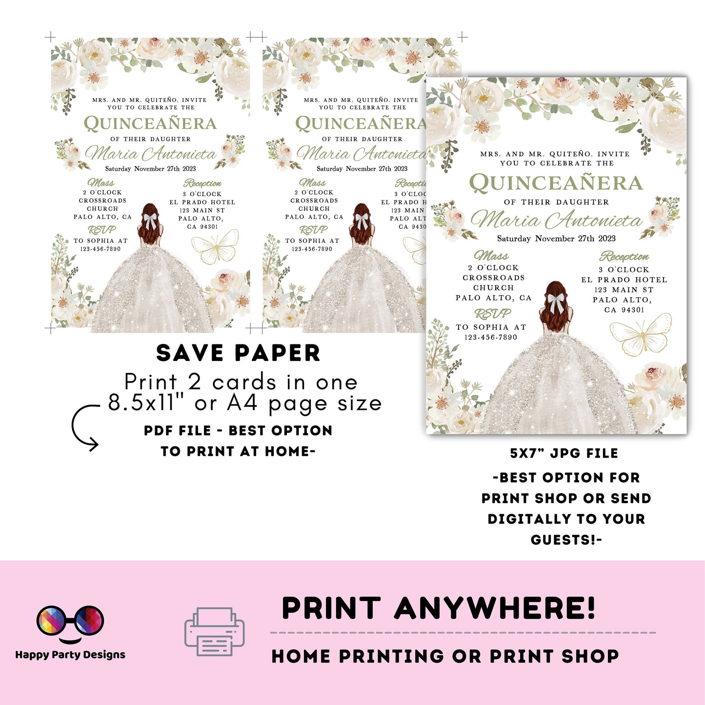 Editable SILVER WHITE dress Quinceañera Invitation | TEMPLATE Mis Quince 15 | 16th Birthday Instant Download | Girl Birthday #K278