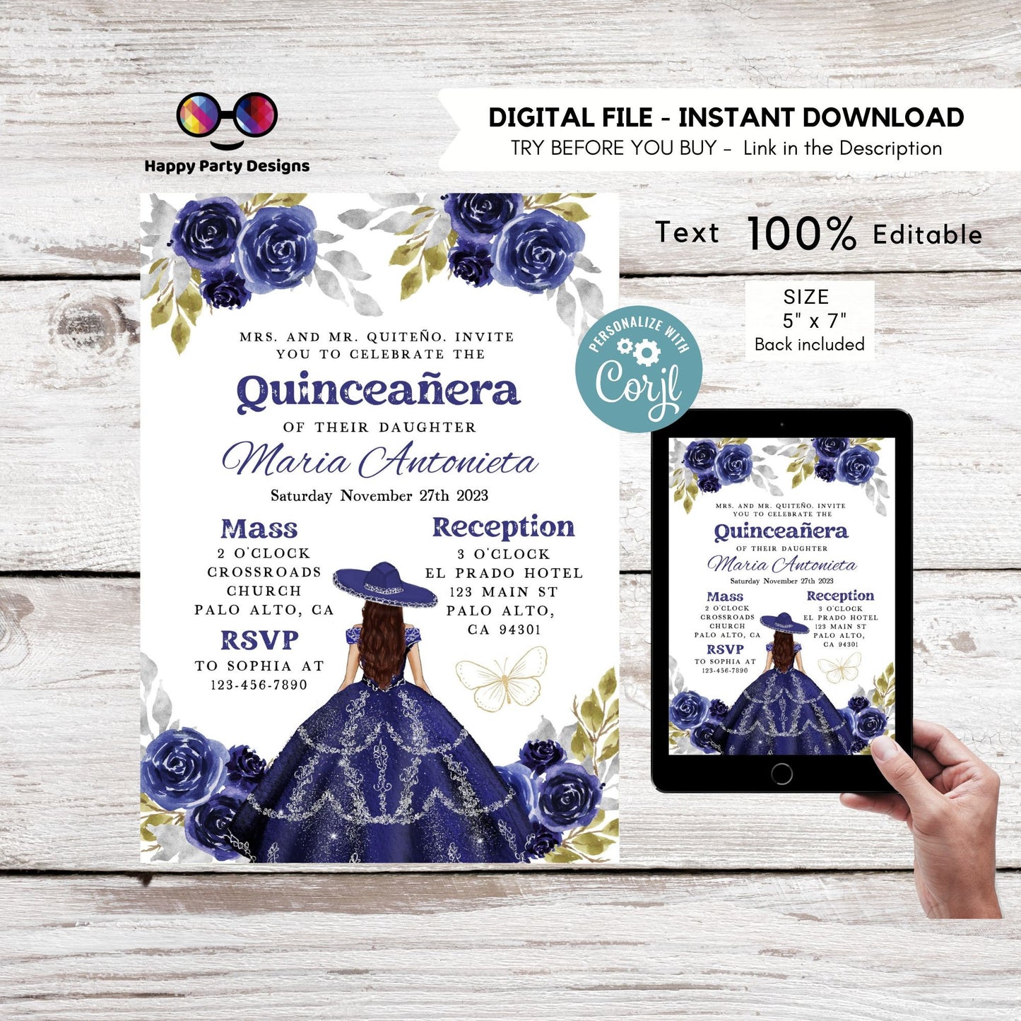 Editable NAVY BLUE dress Quinceañera Invitation | TEMPLATE Mis Quince 15 | 16th Birthday Instant Download | Girl Birthday #K279