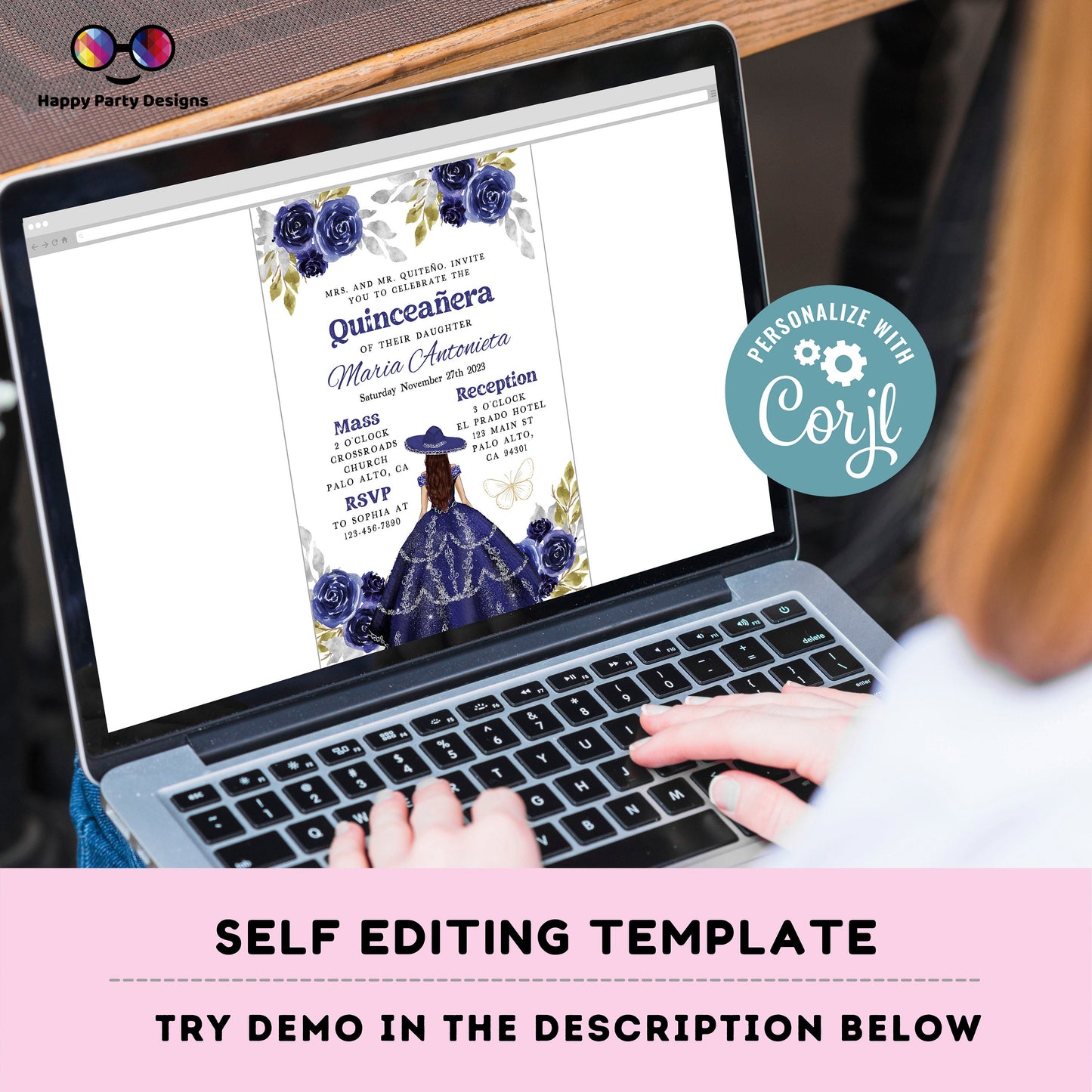 Editable NAVY BLUE dress Quinceañera Invitation | TEMPLATE Mis Quince 15 | 16th Birthday Instant Download | Girl Birthday #K279