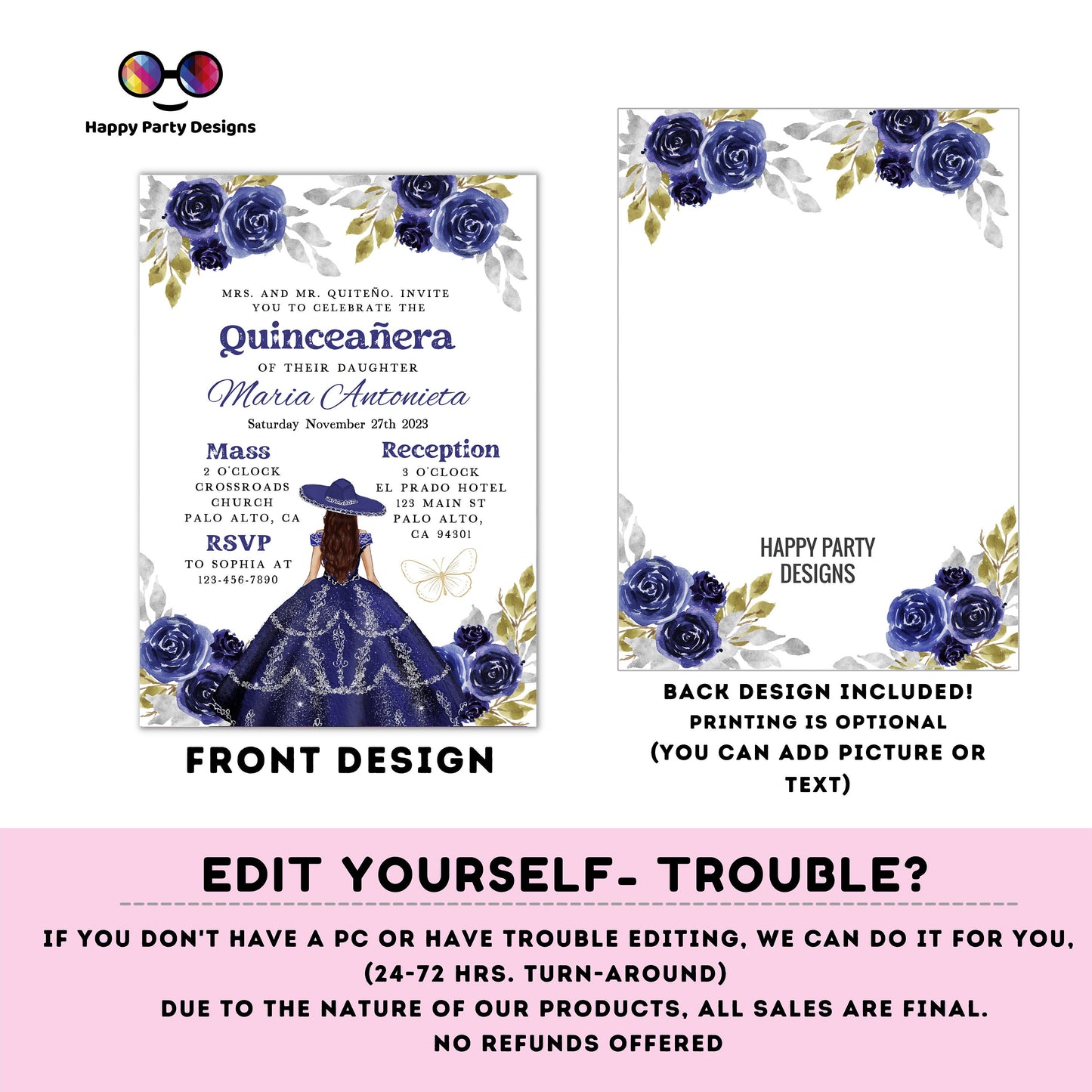 Editable NAVY BLUE dress Quinceañera Invitation | TEMPLATE Mis Quince 15 | 16th Birthday Instant Download | Girl Birthday #K279