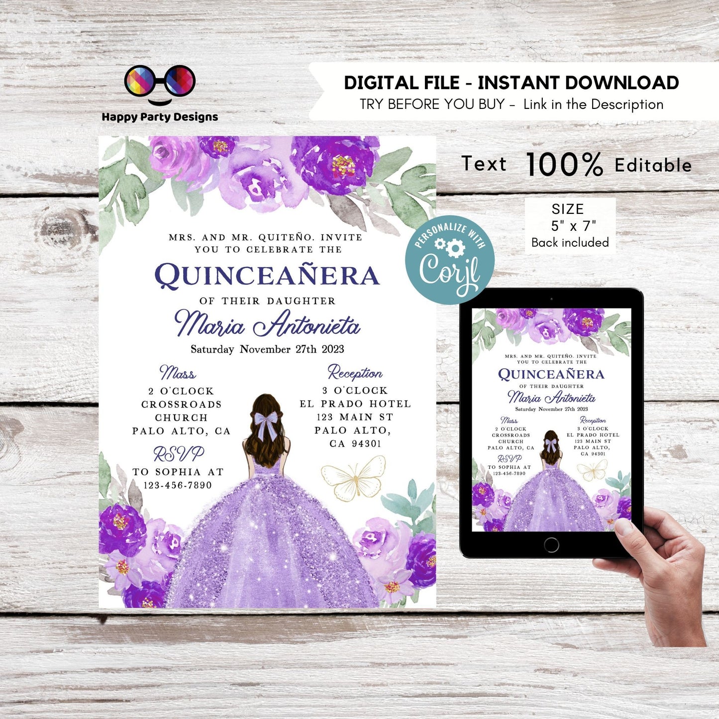 Editable LILAC dress Quinceañera Invitation | EDITABLE TEMPLATE Mis Quince 15 | 16th Birthday Instant Download | Girl Birthday #K280