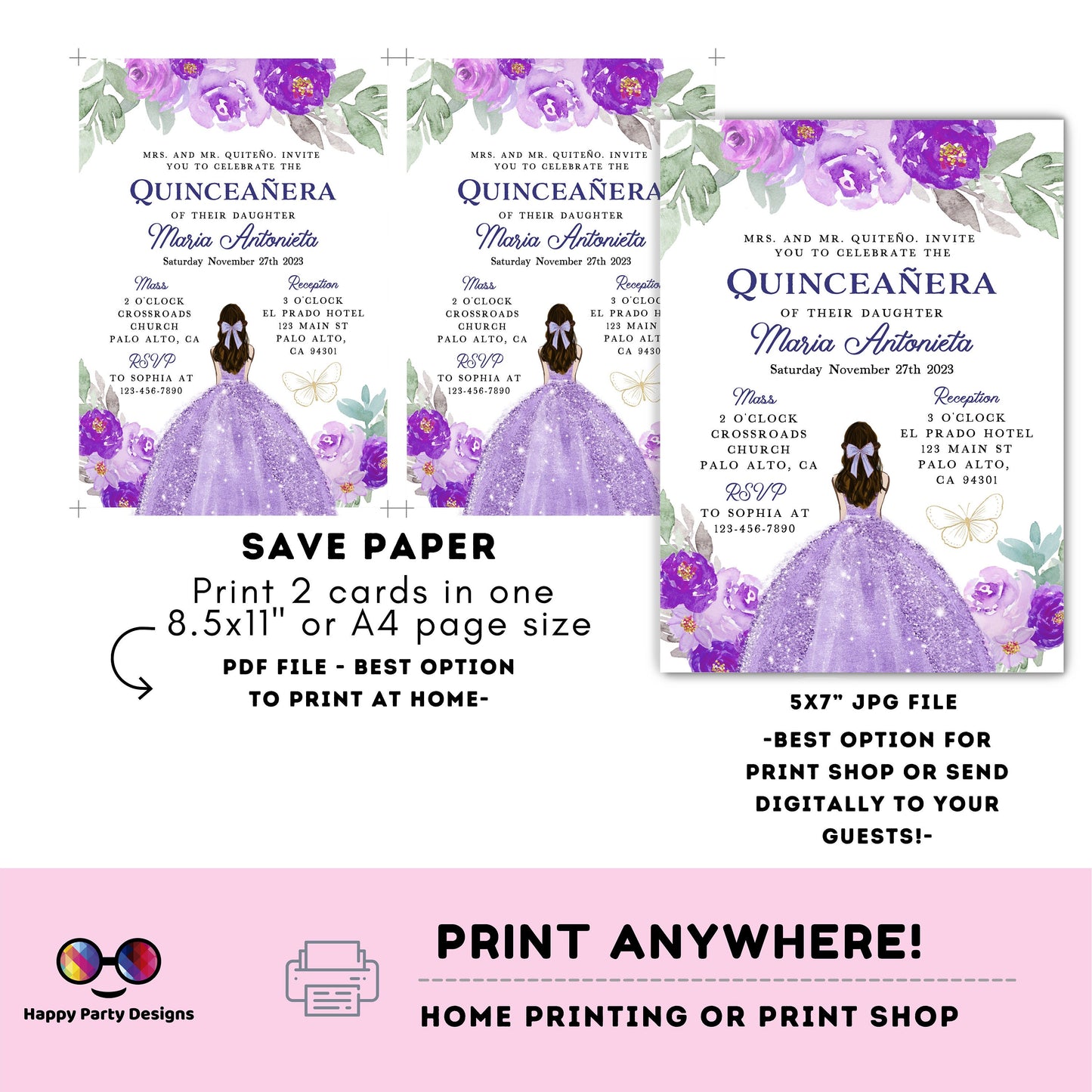 Editable LILAC dress Quinceañera Invitation | EDITABLE TEMPLATE Mis Quince 15 | 16th Birthday Instant Download | Girl Birthday #K280