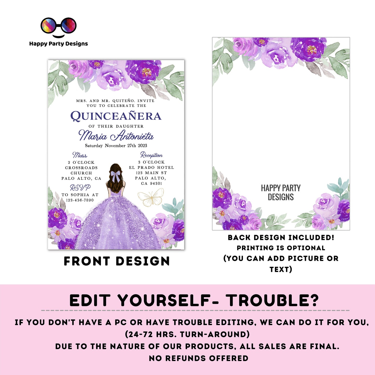 Editable LILAC dress Quinceañera Invitation | EDITABLE TEMPLATE Mis Quince 15 | 16th Birthday Instant Download | Girl Birthday #K280