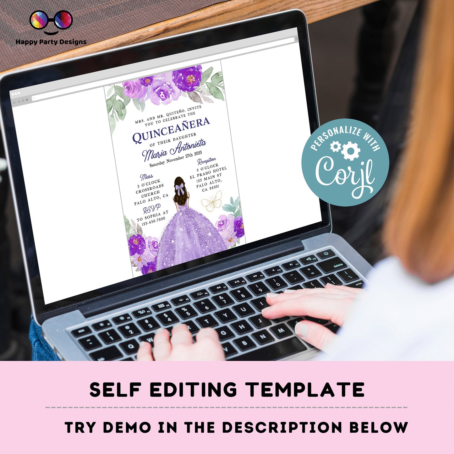 Editable LILAC dress Quinceañera Invitation | EDITABLE TEMPLATE Mis Quince 15 | 16th Birthday Instant Download | Girl Birthday #K280