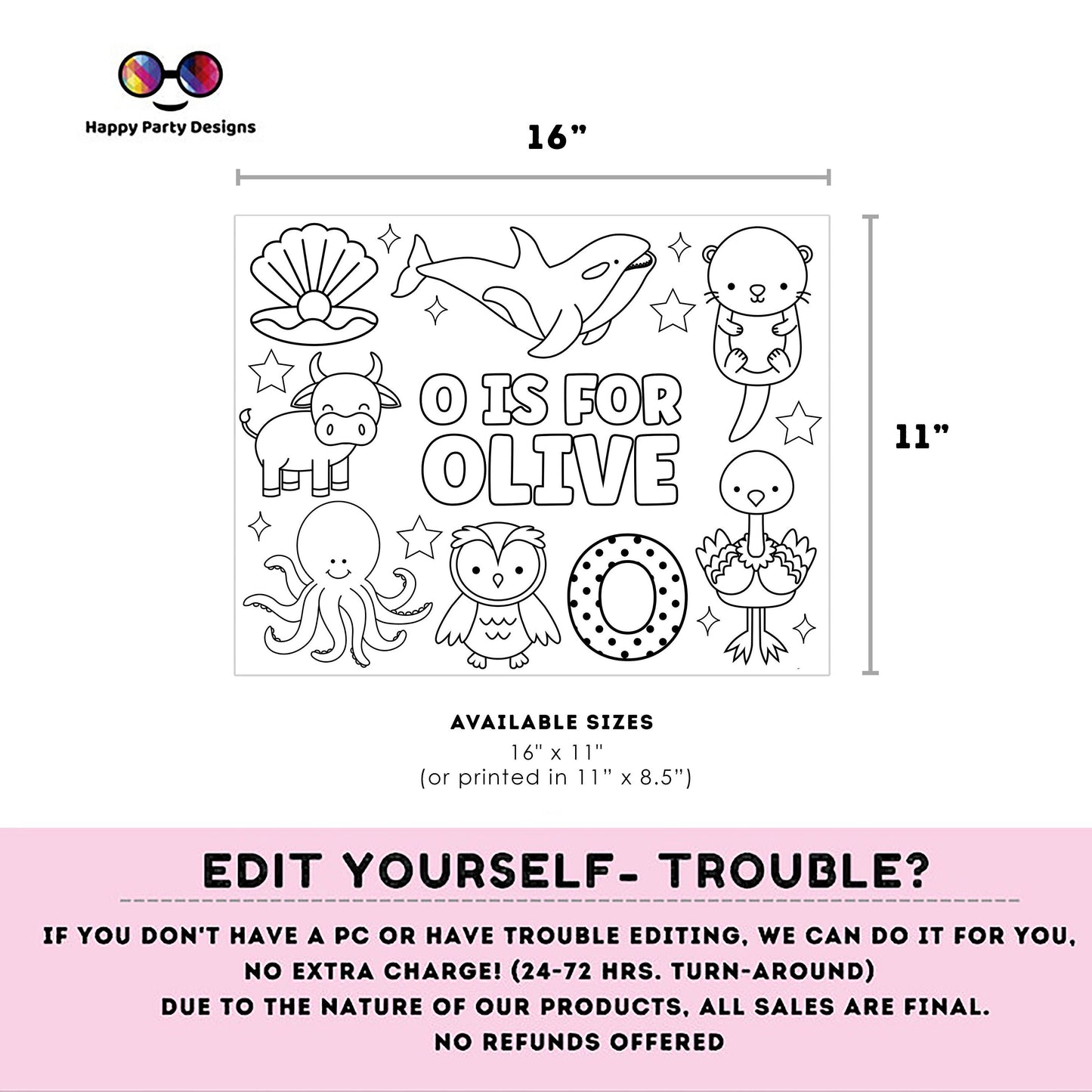 Editable name coloring page | O is for | personalized name alphabet placemat | Teacher material | Printable Preschool #SCH3