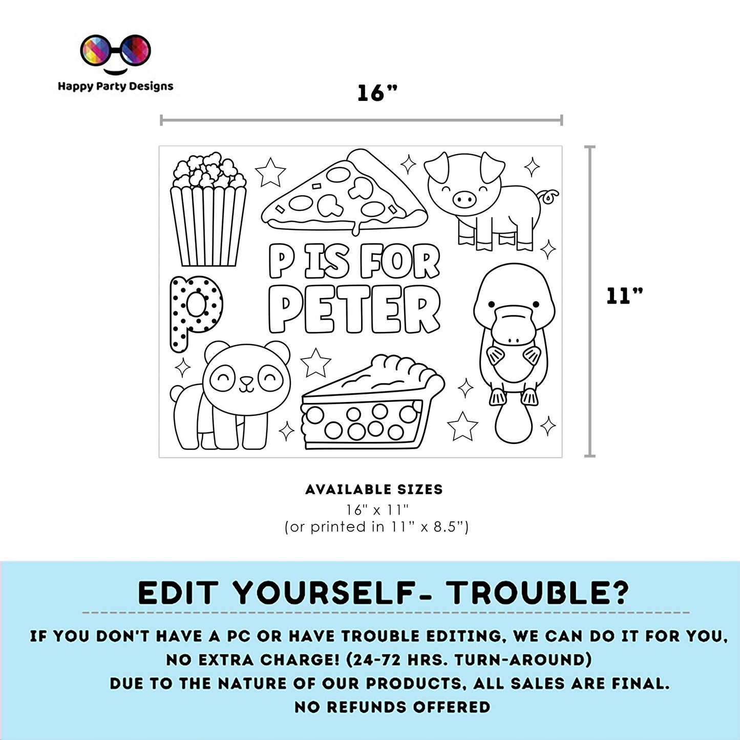 Editable name coloring page | P is for | personalized name alphabet placemat | Teacher material | Printable Preschool #SCH3