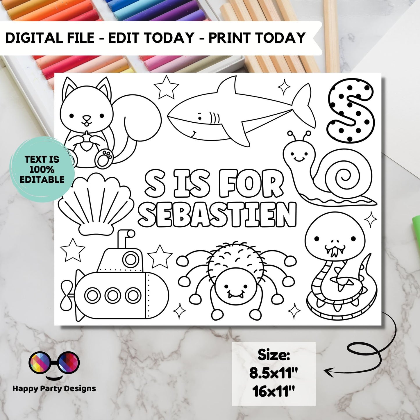 Editable name coloring page | S is for | personalized name alphabet placemat | Teacher material | Printable Preschool #SCH3