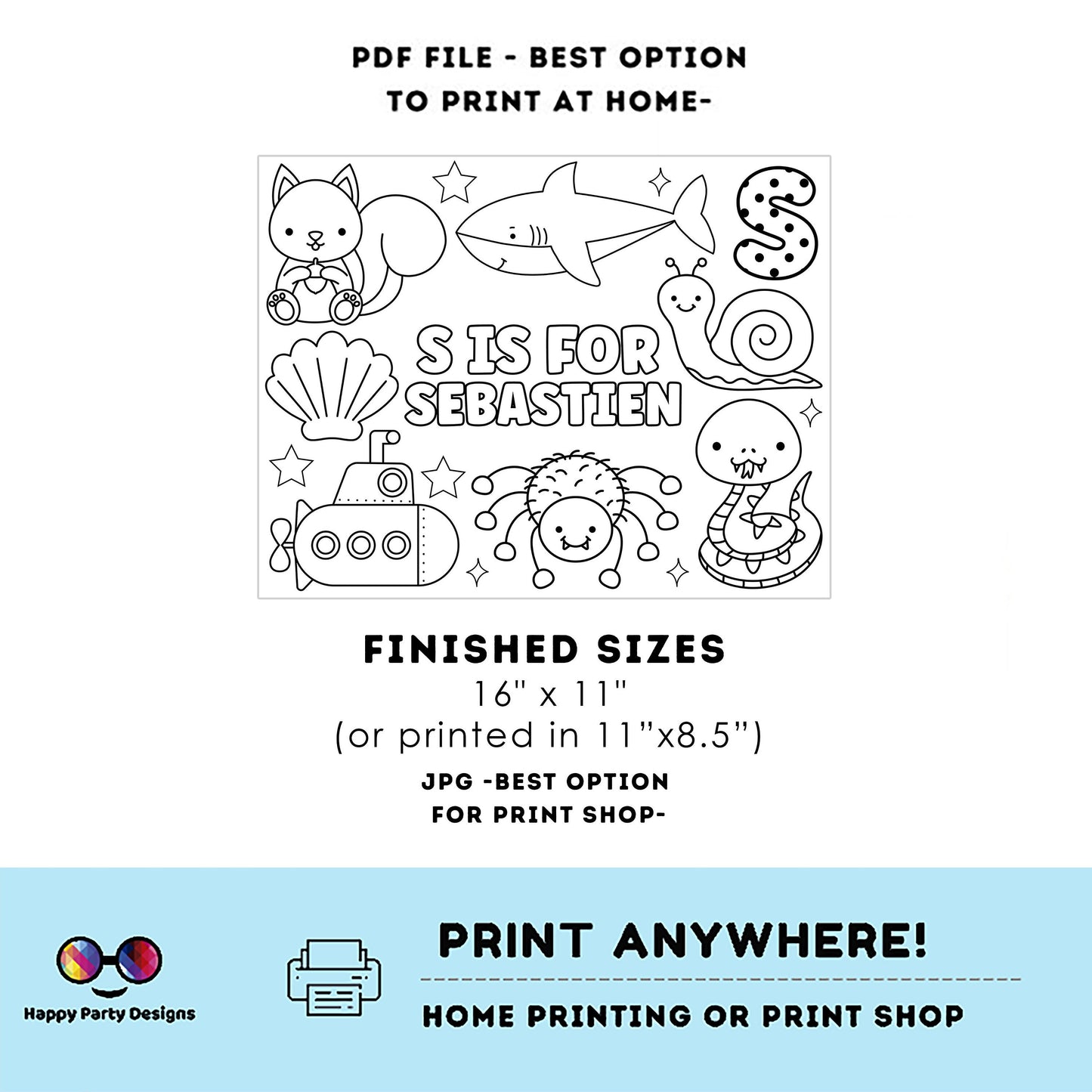 Editable name coloring page | S is for | personalized name alphabet placemat | Teacher material | Printable Preschool #SCH3