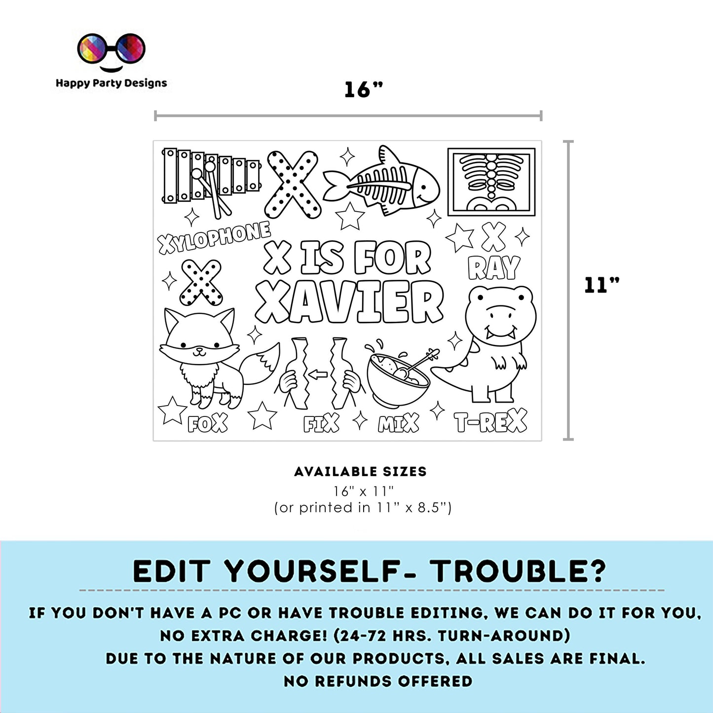 Editable name coloring page | X is for | personalized name alphabet placemat | Teacher material | Printable Preschool #SCH3