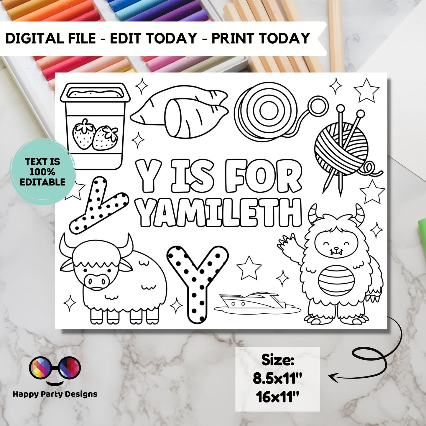 Editable name coloring page | Y is for | personalized name alphabet placemat | Teacher material | Printable Preschool #SCH3