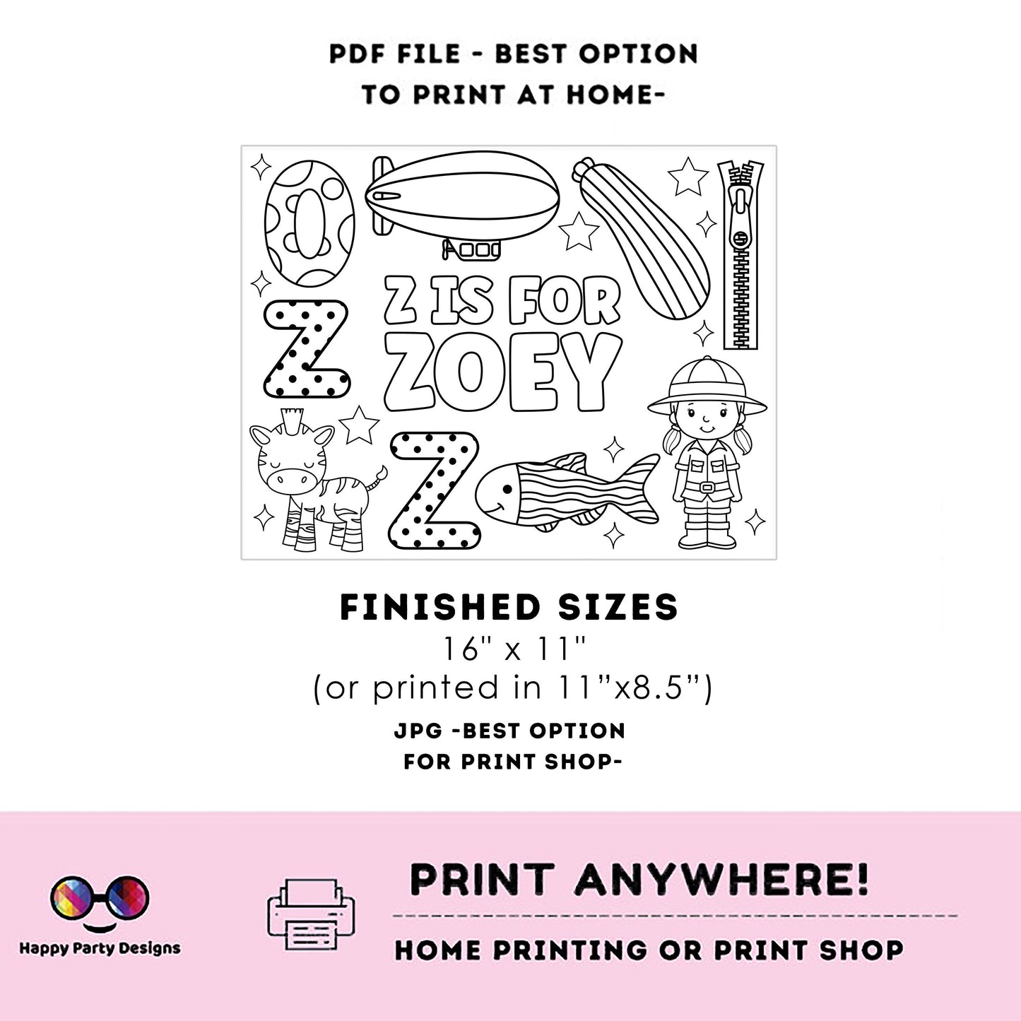 Editable name coloring page | Z is for | personalized name alphabet placemat | Teacher material | Printable Preschool #SCH3