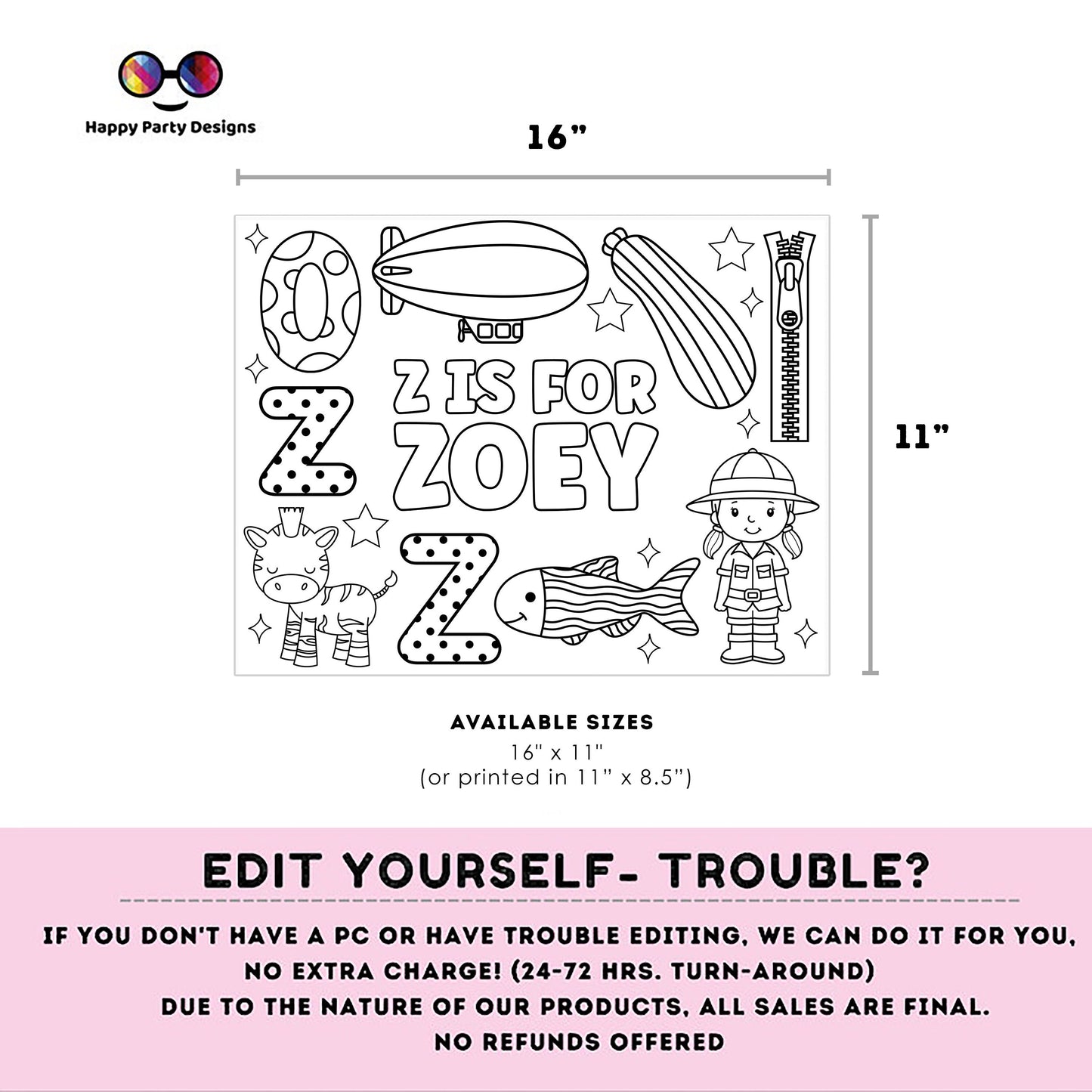 Editable name coloring page | Z is for | personalized name alphabet placemat | Teacher material | Printable Preschool #SCH3