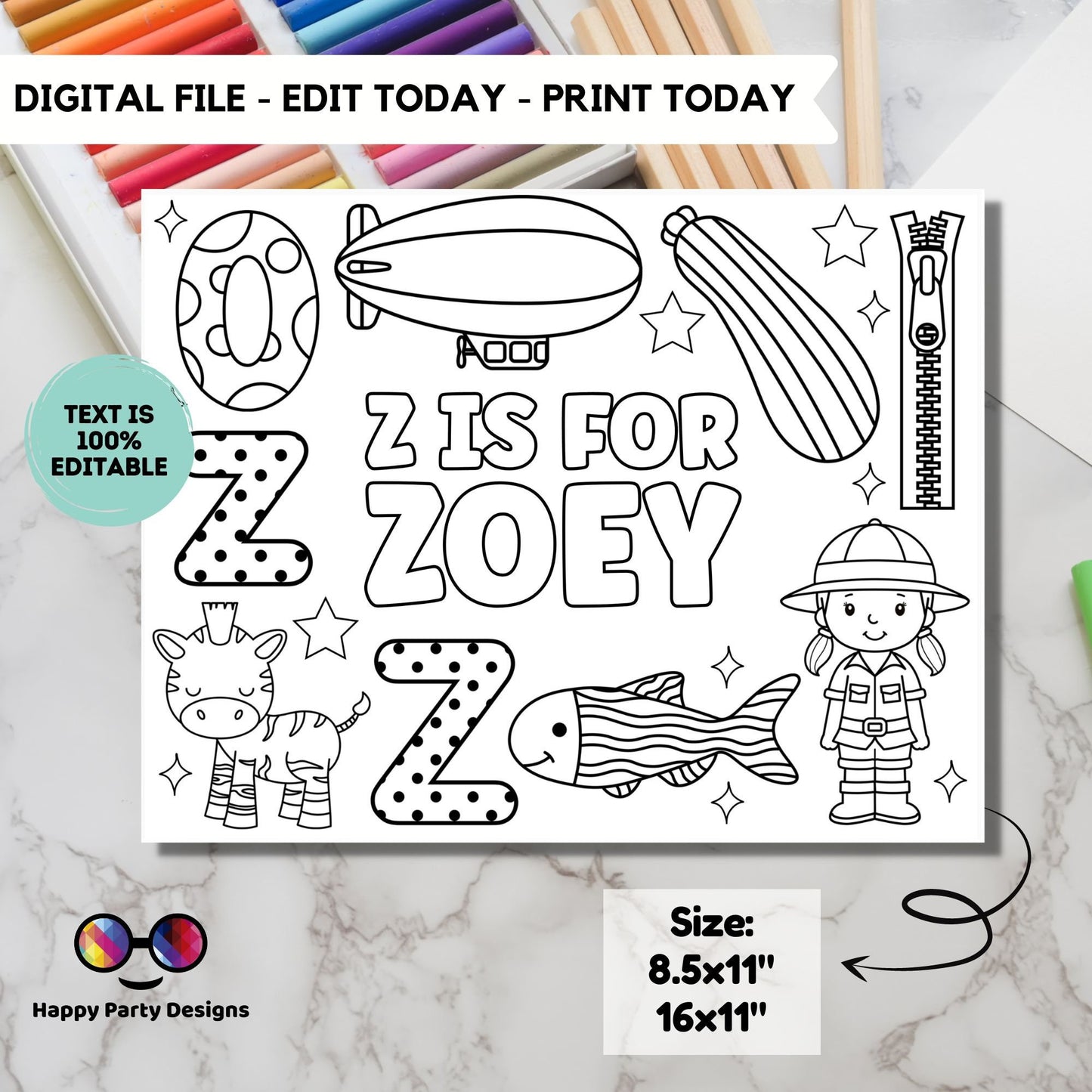 Editable name coloring page | Z is for | personalized name alphabet placemat | Teacher material | Printable Preschool #SCH3