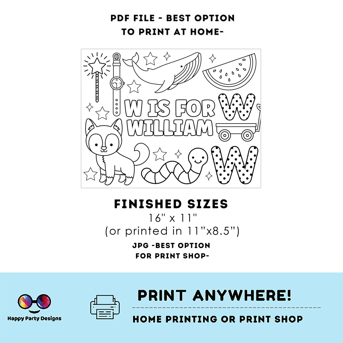 Editable name coloring page | W is for | personalized name alphabet placemat | Teacher material | Printable Preschool #SCH3