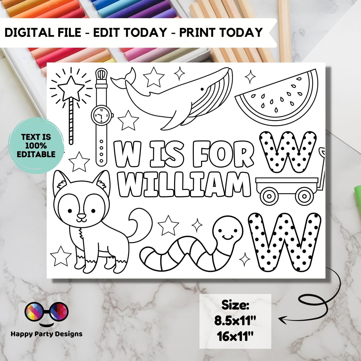 Editable name coloring page | W is for | personalized name alphabet placemat | Teacher material | Printable Preschool #SCH3