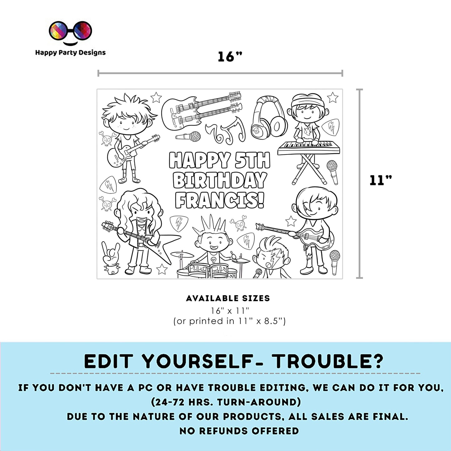 Editable Rockstar Birthday coloring page | Placemat coloring page | Any Age | Rock and Roll birthday party activity | bag filler | boy #K150
