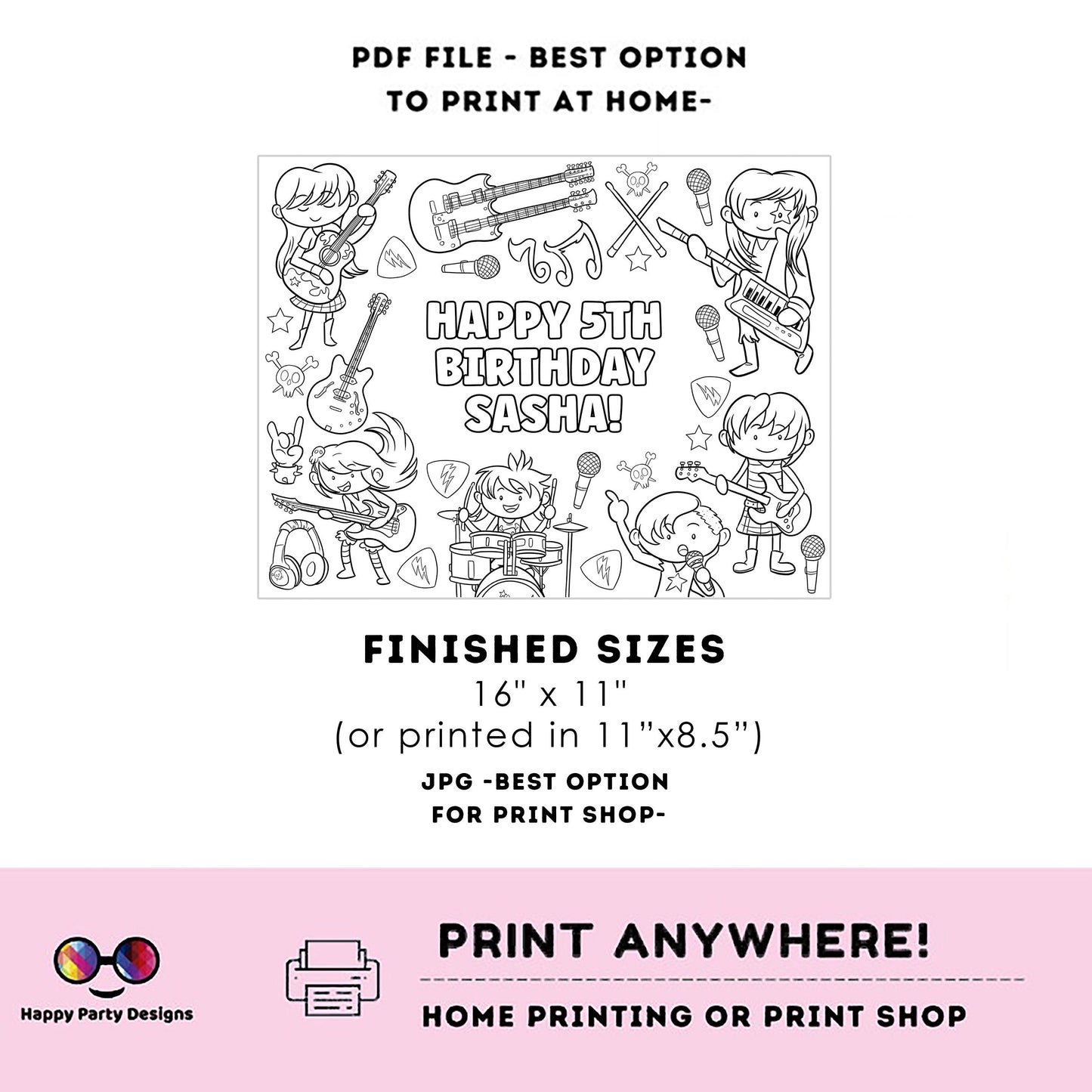 Editable Rockstar Birthday coloring page |Placemat coloring page | Any Age | Rock and Roll birthday party activity | bag filler | girl #K150