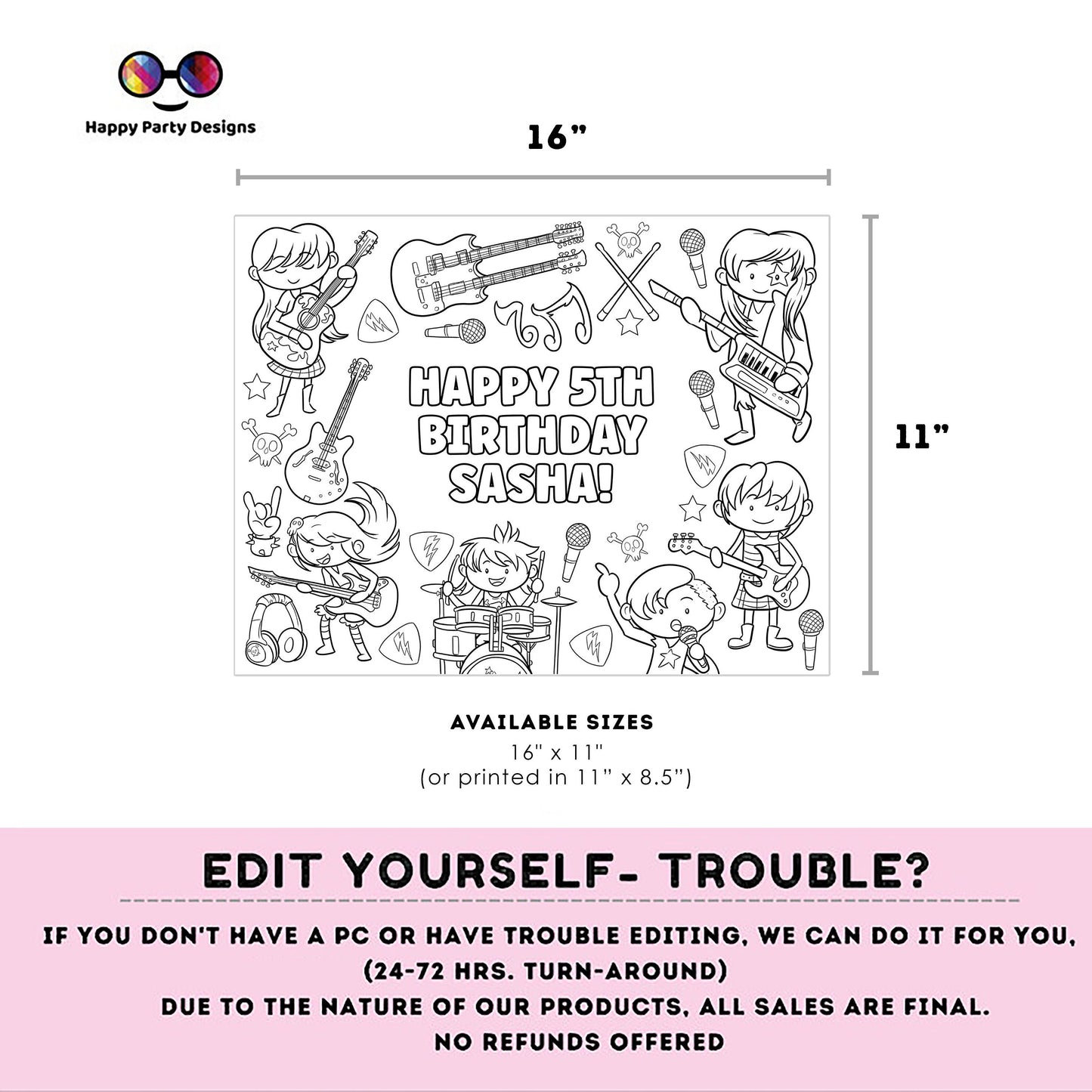 Editable Rockstar Birthday coloring page |Placemat coloring page | Any Age | Rock and Roll birthday party activity | bag filler | girl #K150