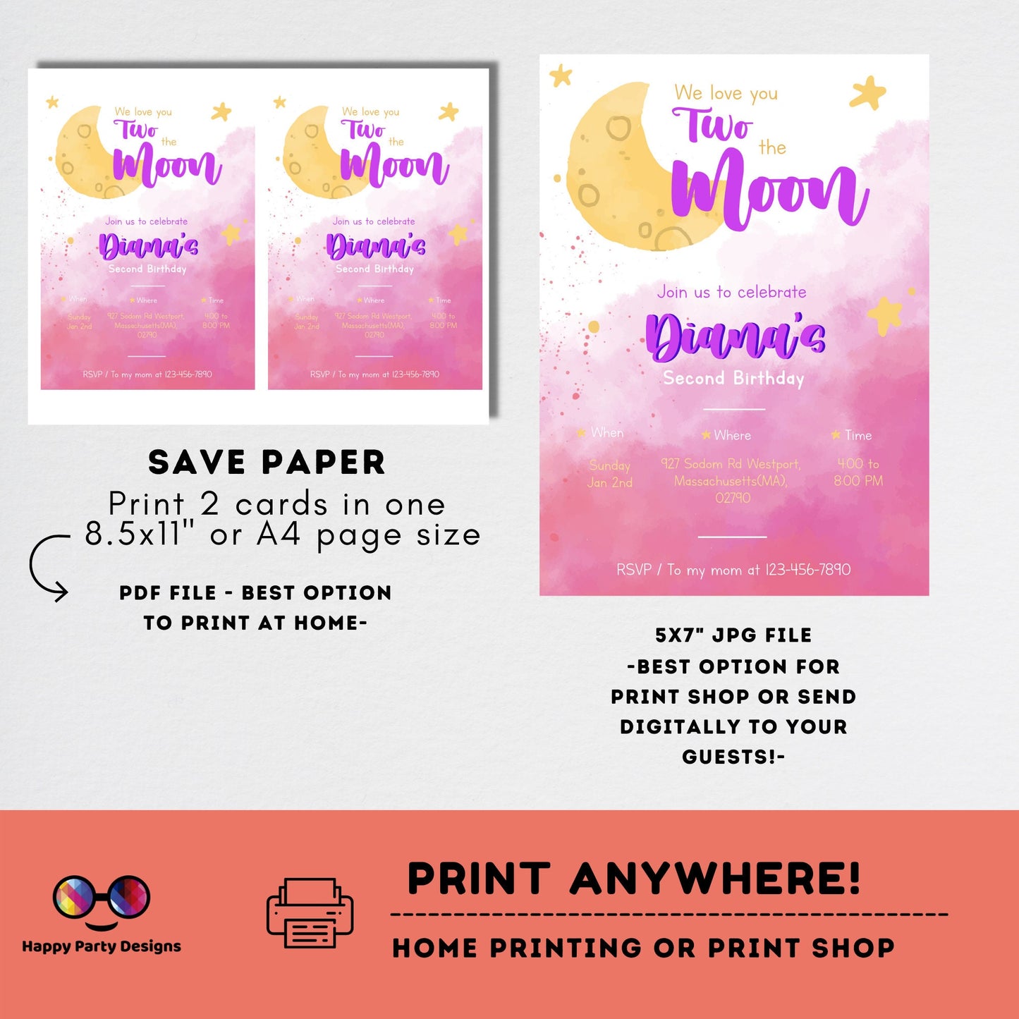 Editable Two the moon Birthday Invitation | girl Second Birthday Party | two-year-old | 2nd birthday party | Edit Yourself #K283