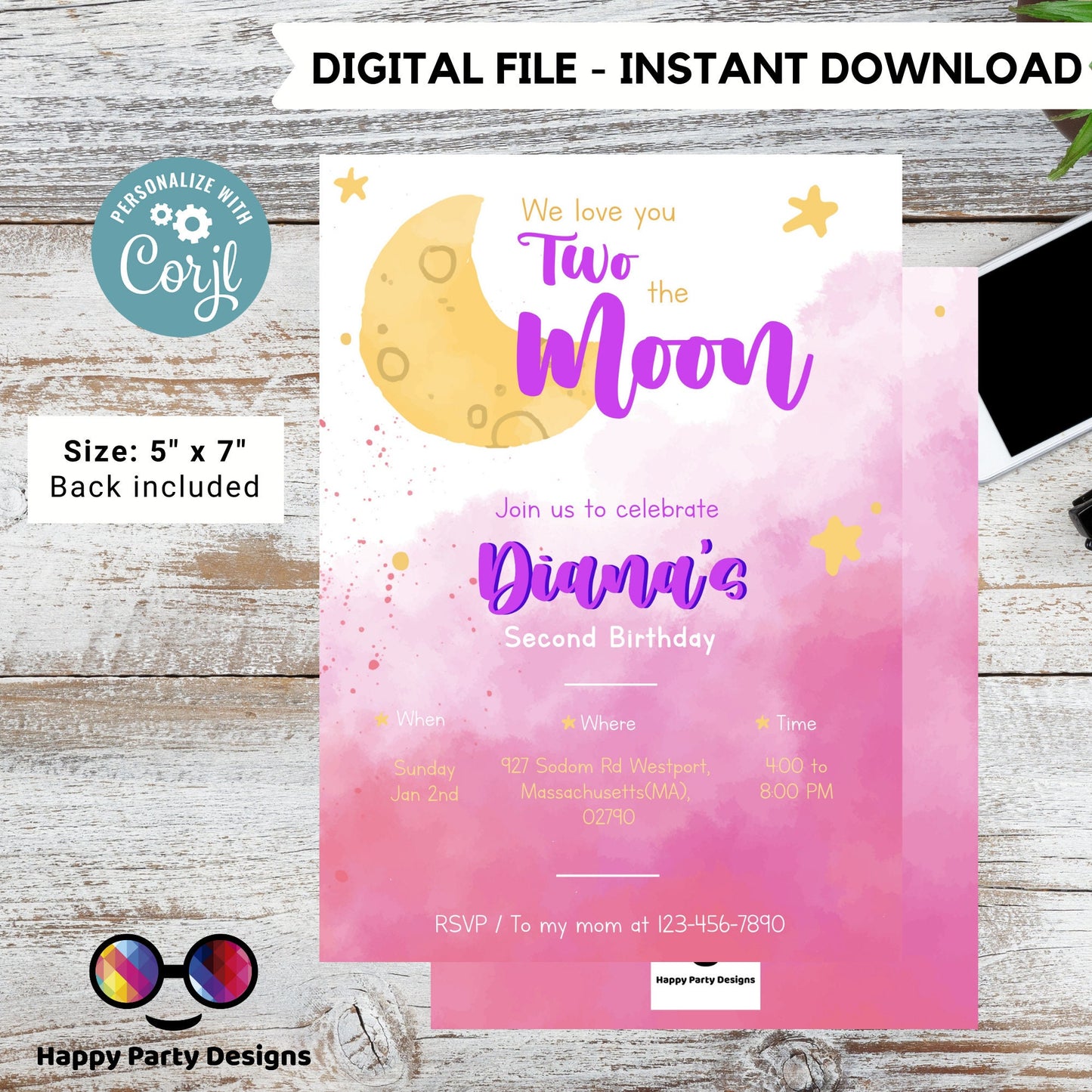 Editable Two the moon Birthday Invitation | girl Second Birthday Party | two-year-old | 2nd birthday party | Edit Yourself #K283