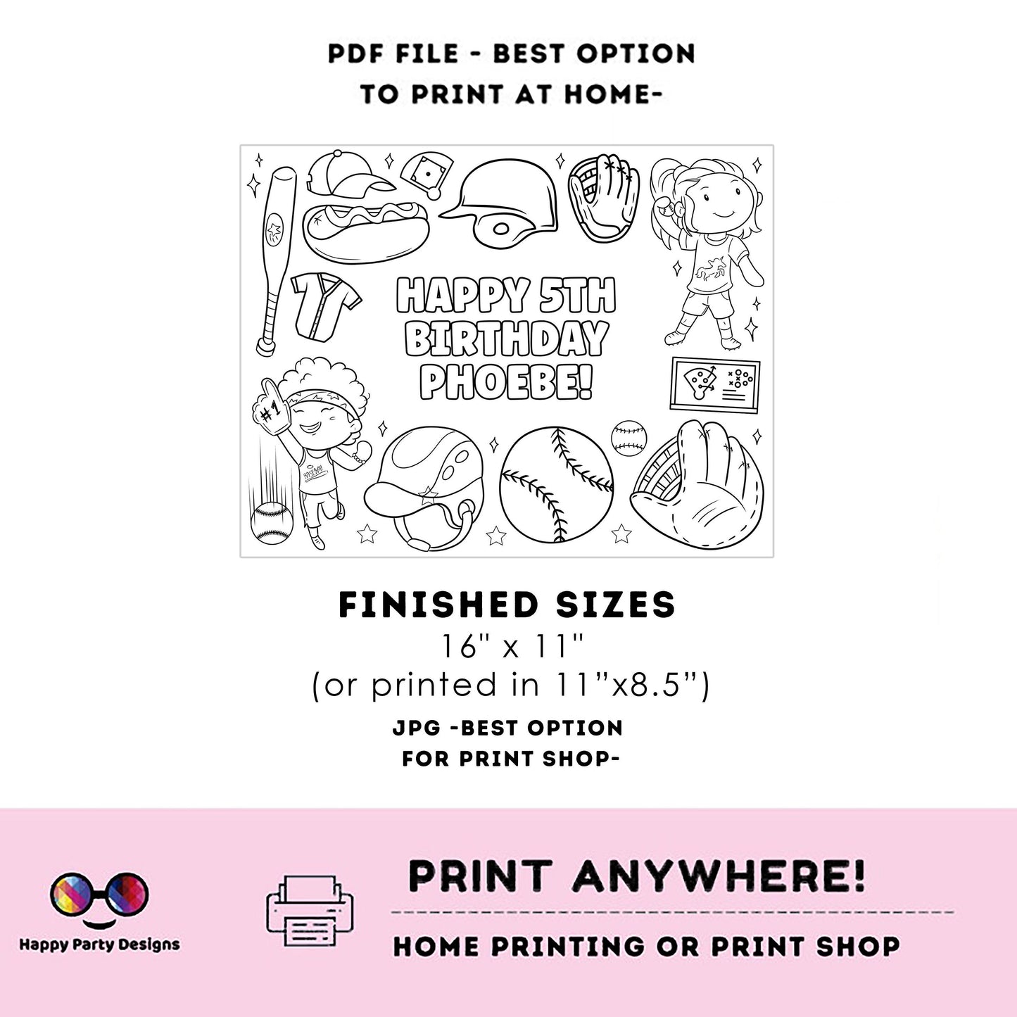 Editable Baseball Birthday coloring Page | Sports Party | Baseball coloring page | kids playing Baseball coloring placemat Edit Online #K157