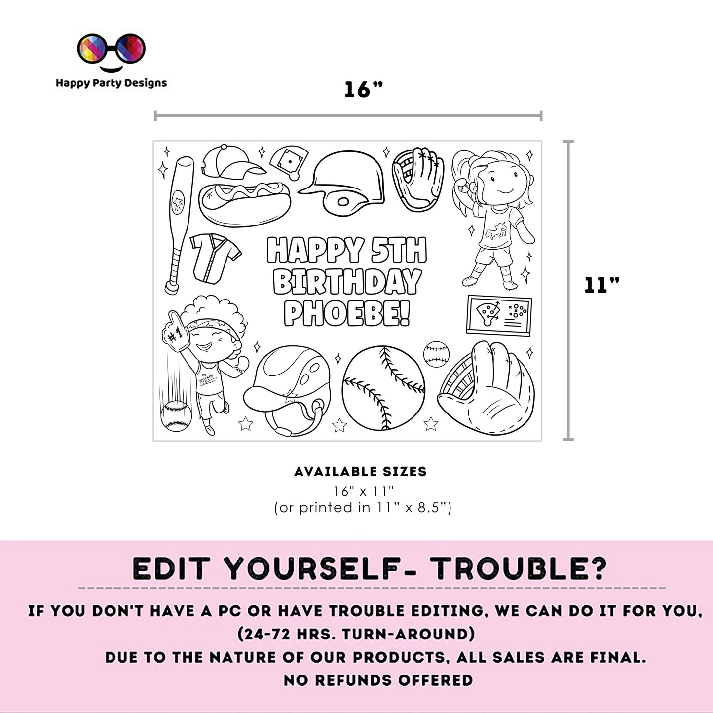 Editable Baseball Birthday coloring Page | Sports Party | Baseball coloring page | kids playing Baseball coloring placemat Edit Online #K157