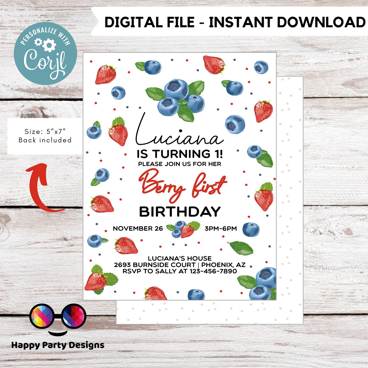 Editable watercolor strawberry invitation | Digital Strawberry printable invite | Birthday girl | Berry first Invitation #K271